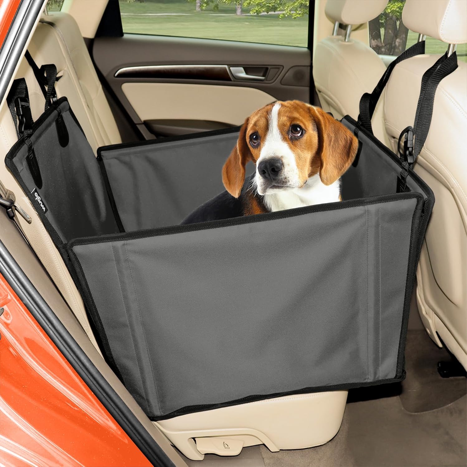 Asiento de Coche para Perro Extra Estable – Asiento Reforzado para Perros de tamaño Mediano con 4 Correas de sujeción, Robusto e Impermeable Asiento de Coche para Mascotas para Asiento Posterior Gris
