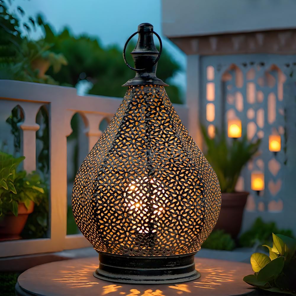 TRIROCKS Lámpara de mesa de metal estilo marroquí 29 cm de alto Lámpara colgante inalámbrica con pilas con bombilla LED Edison para el hogar, sala de estar, jardín, patio, fiestas, interiores y exteri
