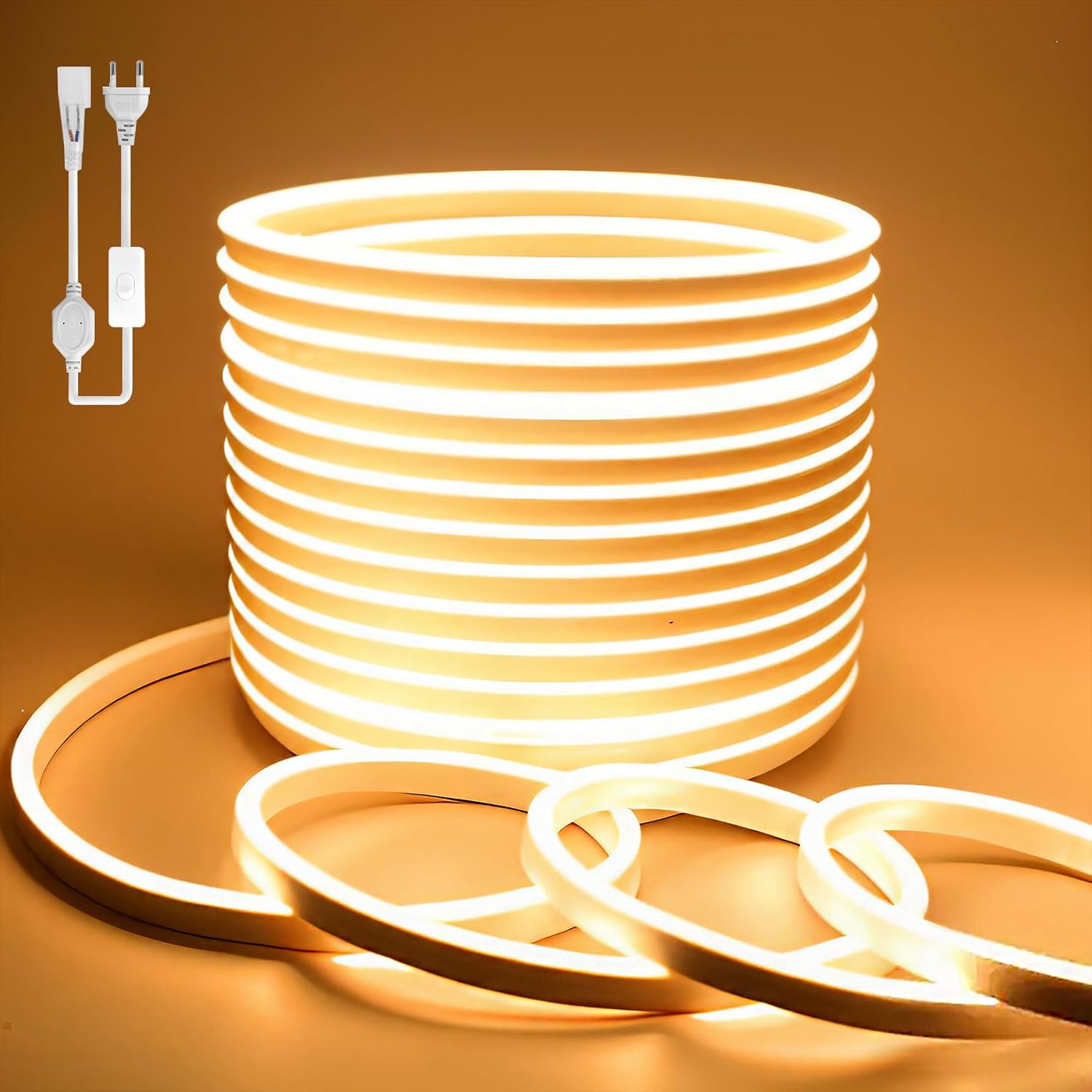 Tira de luces LED de neón BAGZY de 20 m para exteriores, resistente al agua, 230 V, 120 LED/m, flexible, para bricolaje, ideal para fiestas navideñas en interiores y exteriores, con fuente de alimentación y controlador (amarillo, 20 metros).