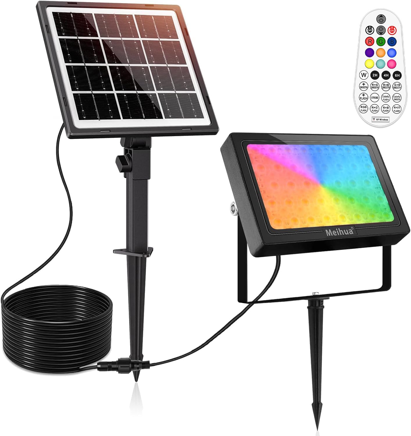 Foco LED RGB MEIHUA de 30 W con control remoto, foco solar LED colorido IP66, lámparas solares impermeables, 10 colores, 30 modos, 6 temporizadores de brillo, luz solar RGB para fiestas, jardines, árb