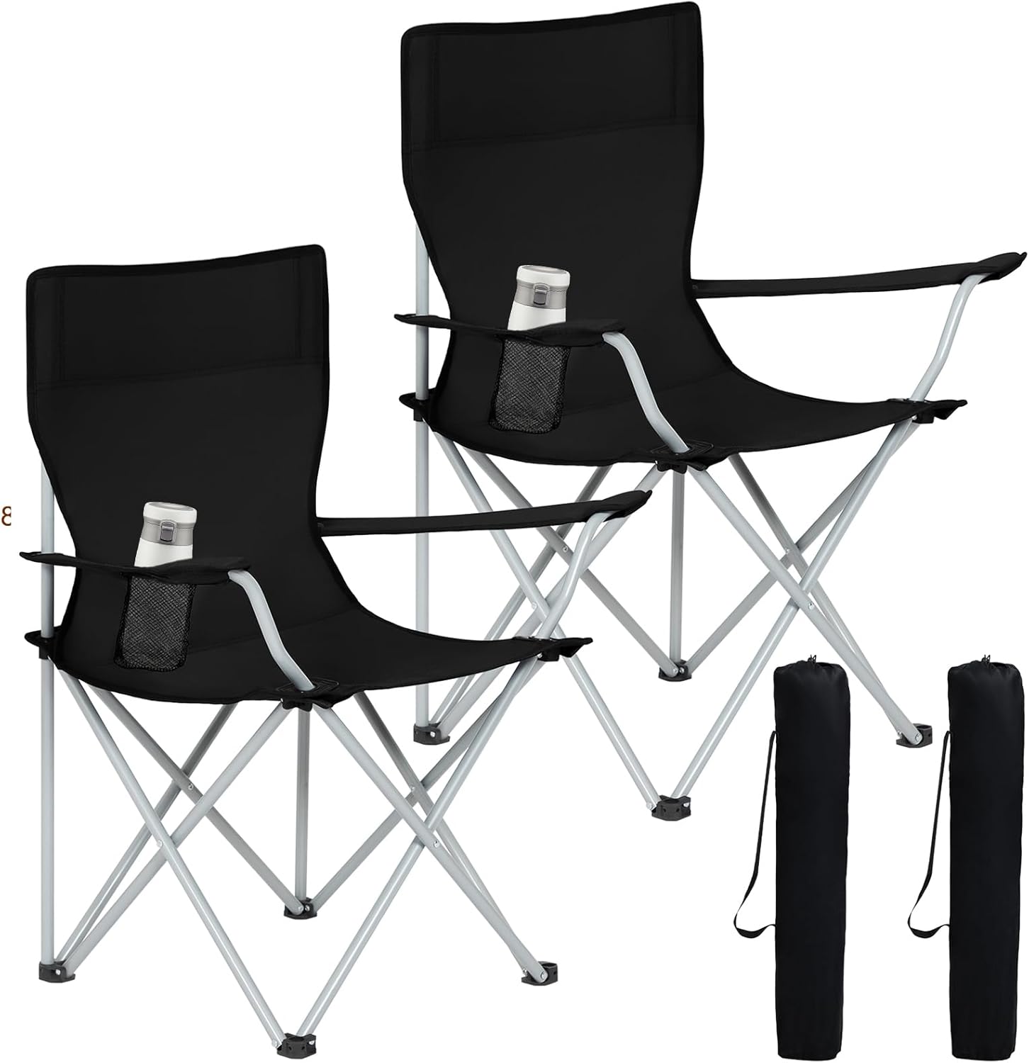 Silla de camping plegable AMHANCIBLE, juego de 2, silla de pesca plegable con portavasos, reposabrazos y bolsa de transporte, ligera, soporta hasta 120 kg, color negro OCC01BK