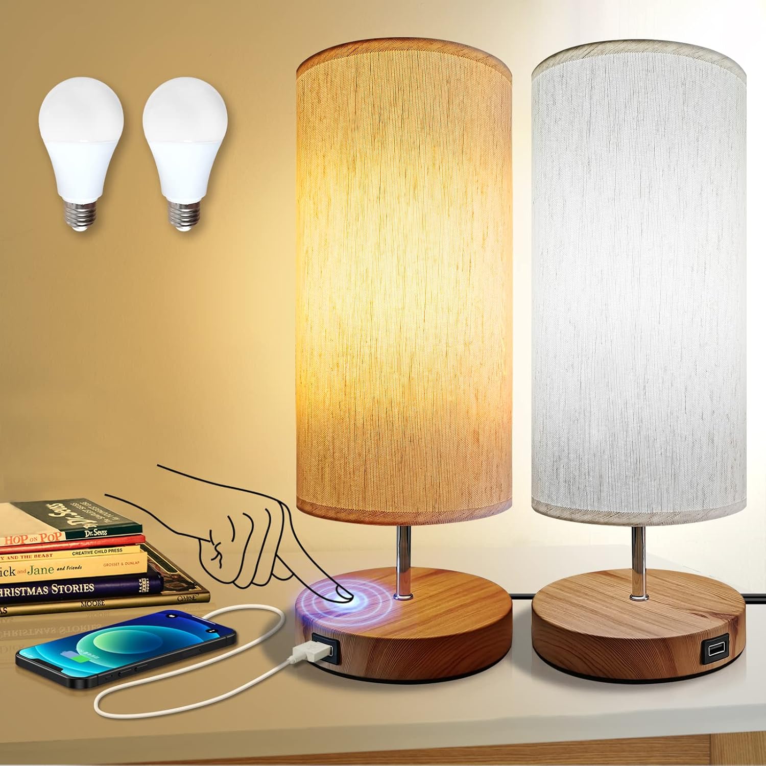 LVEHO Lámparas de Mesa LED 2 Piezas Alimentación USB, Lámpara de Noche Control Táctil Regulable, Puerto de Carga USB y 3 temperaturas de Color para Dormitorio, Sala de estar, Oficina (2 bombillas)
