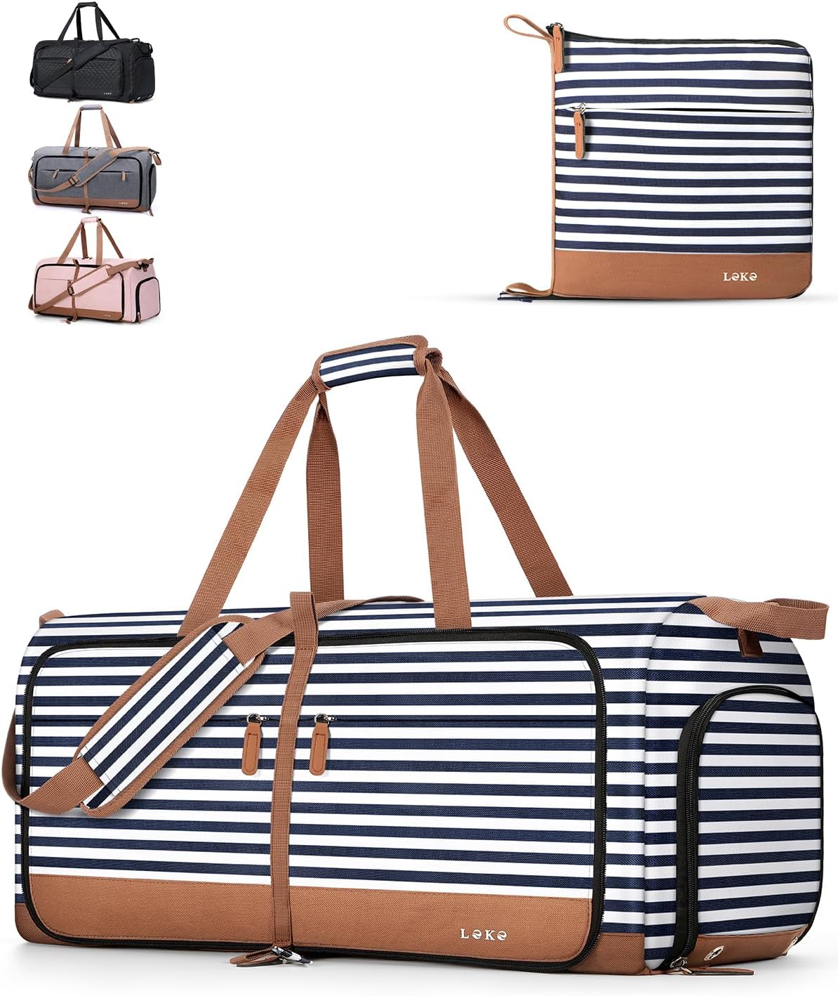 Lekesky Bolsa de Viaje Grande 80L con Compartimento para Zapatos, Bolsa de Viaje Plegable Weekender Mujer para Viajes, Hospital, Playa, Camping (Rayas Azules)