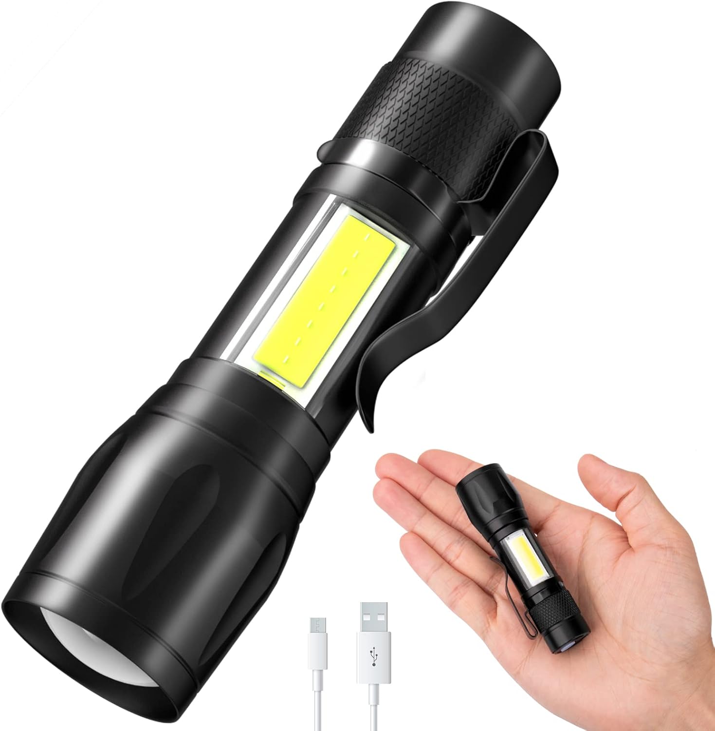 Gvoo Mini linterna ajustable, 3 modos, linterna LED ultra potente con clip, linterna recargable USB de aluminio impermeable IP54 para camping, senderismo, emergencias