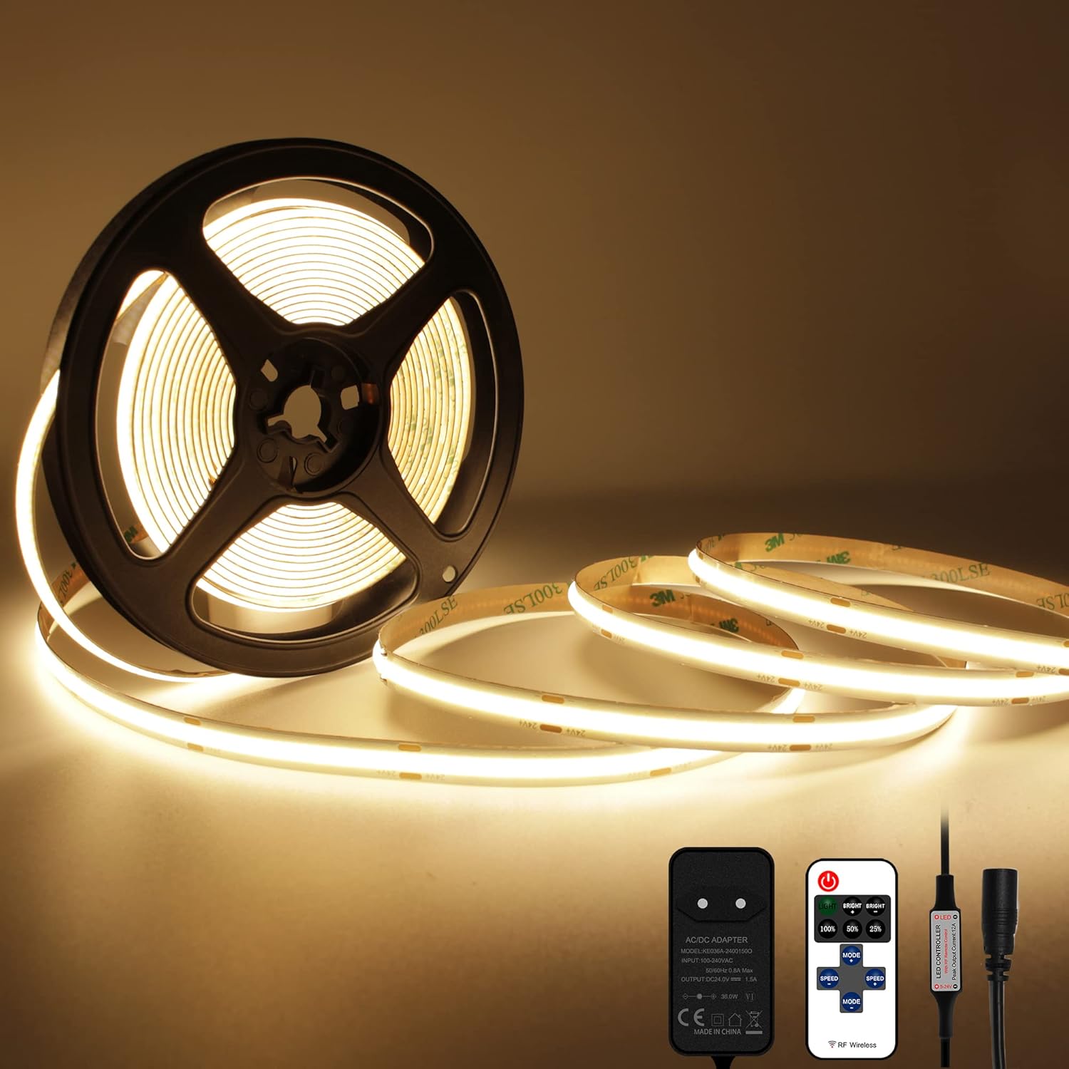 Tira LED COB de 5m, 2700K, 480 LEDs/m, 24V CC, CRI>90. Diseño de alta eficiencia luminosa con iluminación uniforme. Con respaldo adhesivo 3M, fácil de instalar en cualquier lugar. Garantía de 3 años. 