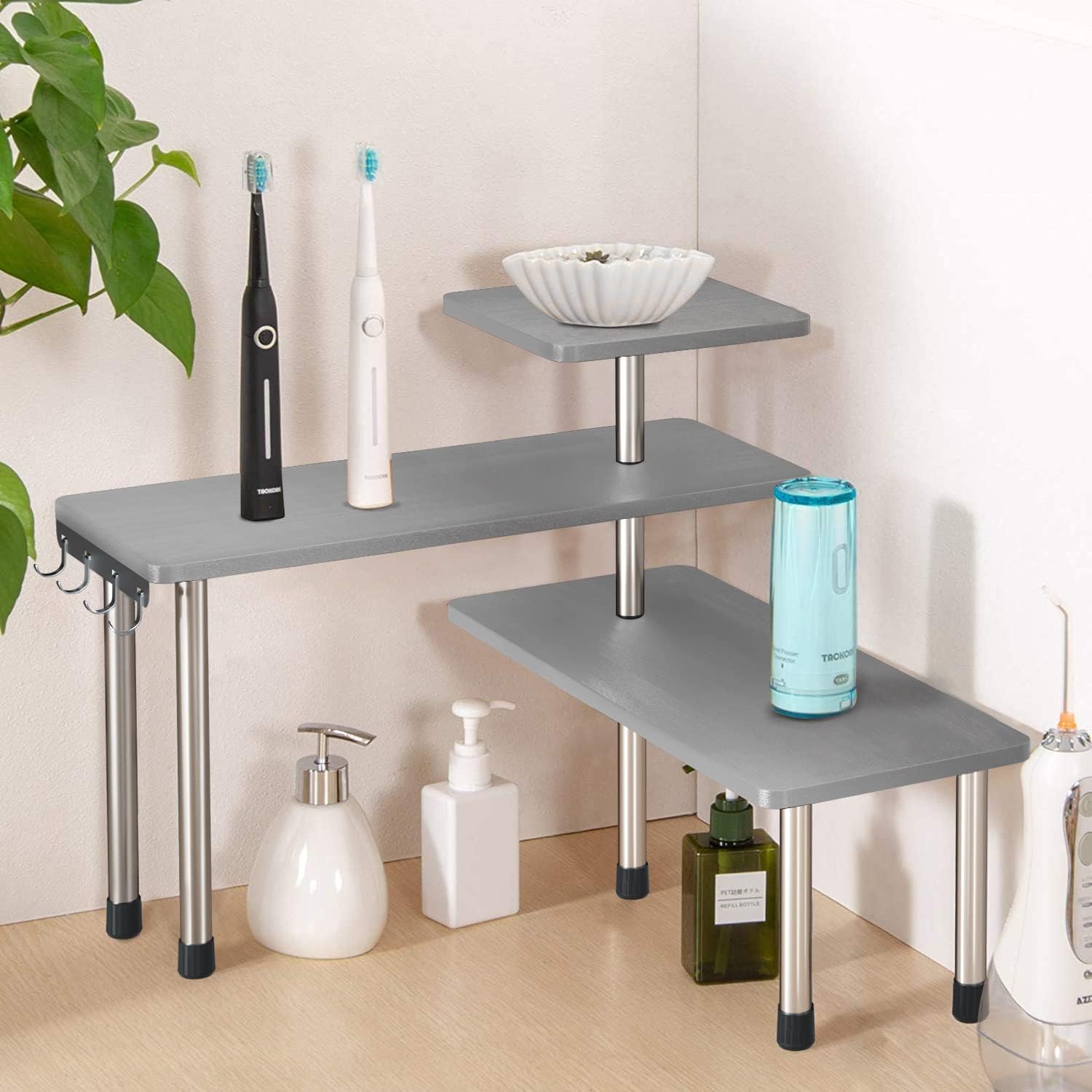 Estante esquinero Jolitac, estante esquinero de cocina, especiero, estante para hierbas, escurreplatos, estante de cocina, organizador de mesa, 3 niveles, bambú con ganchos, para cocina, oficina, sala de estar, estudio (gris)