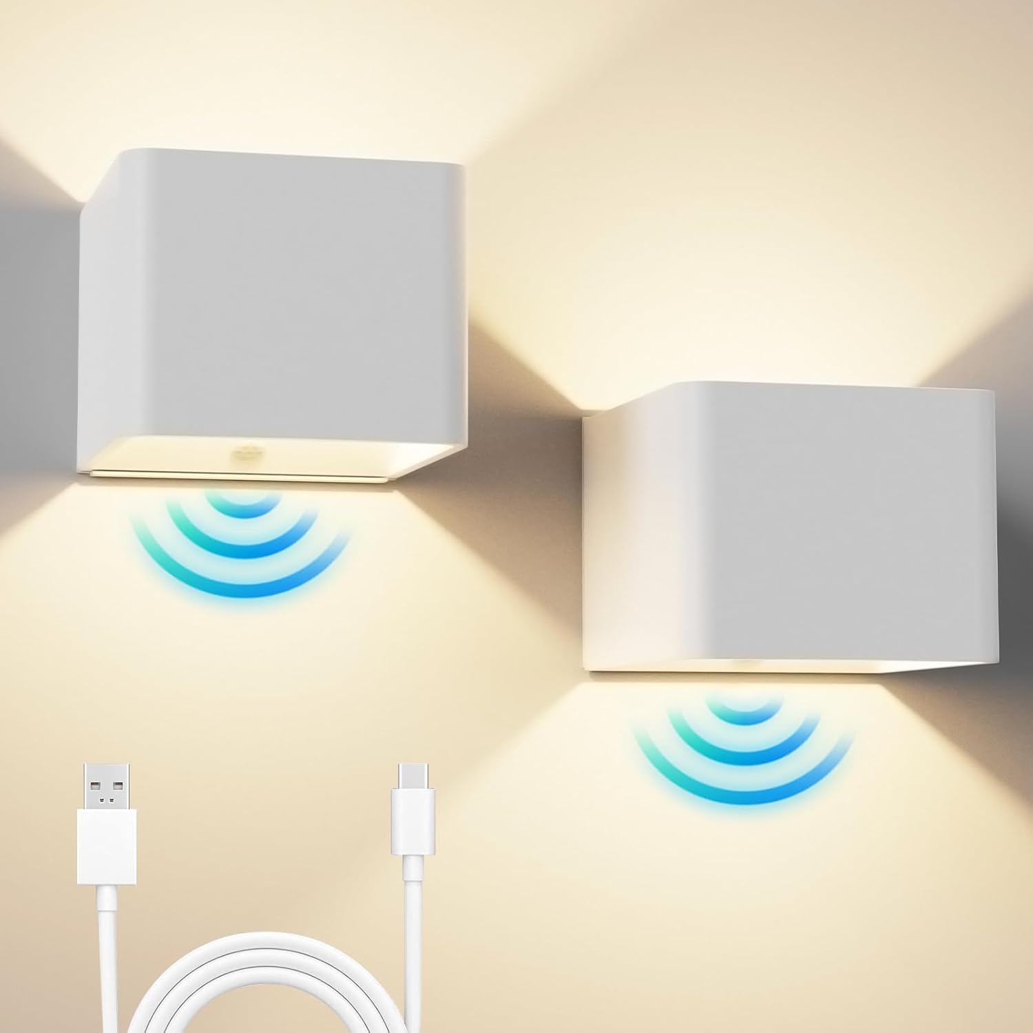 WRMING Paquete de 2 apliques de pared recargables con sensor de movimiento, luz LED blanca inalámbrica para interiores con interruptor, lámpara de pared recargable por USB (no requiere conexión eléctrica), luz magnética inalámbrica para escaleras de 5 W, blanco cálido