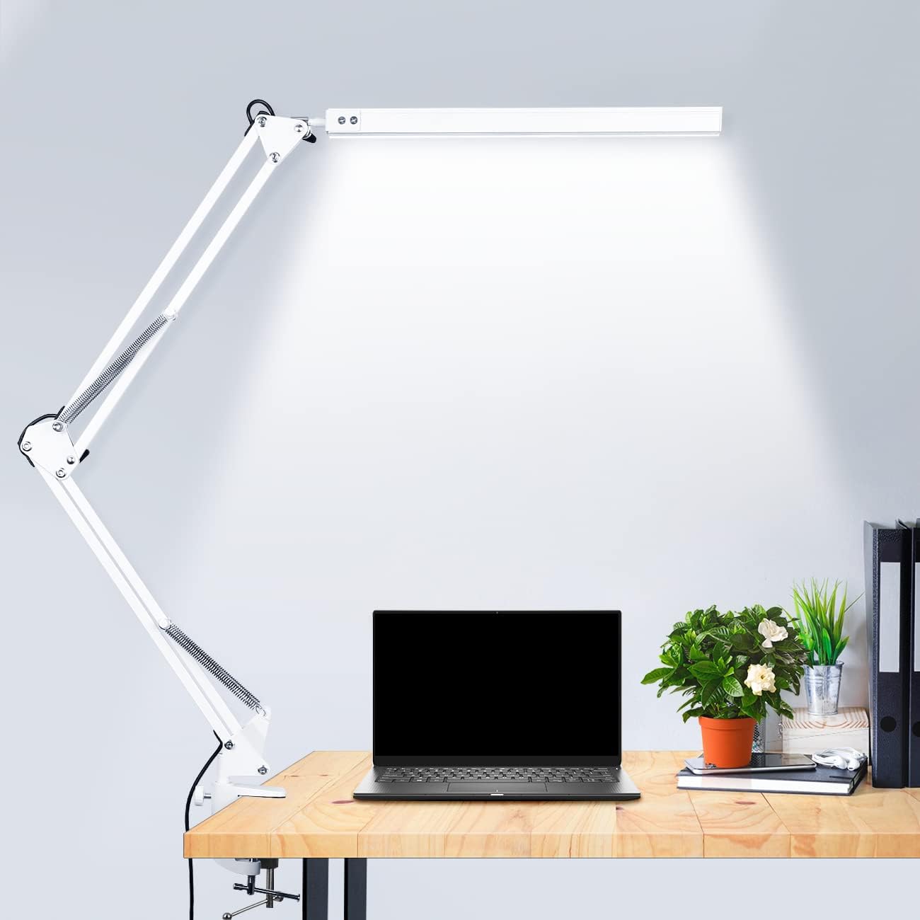 Lámpara de escritorio LED, lámpara de mesa de escritorio, con pinza, 3 temperaturas de color, 10 niveles de luminosidad, regulable, USB, función de memoria, 14 W, lectura, estudio (blanco)