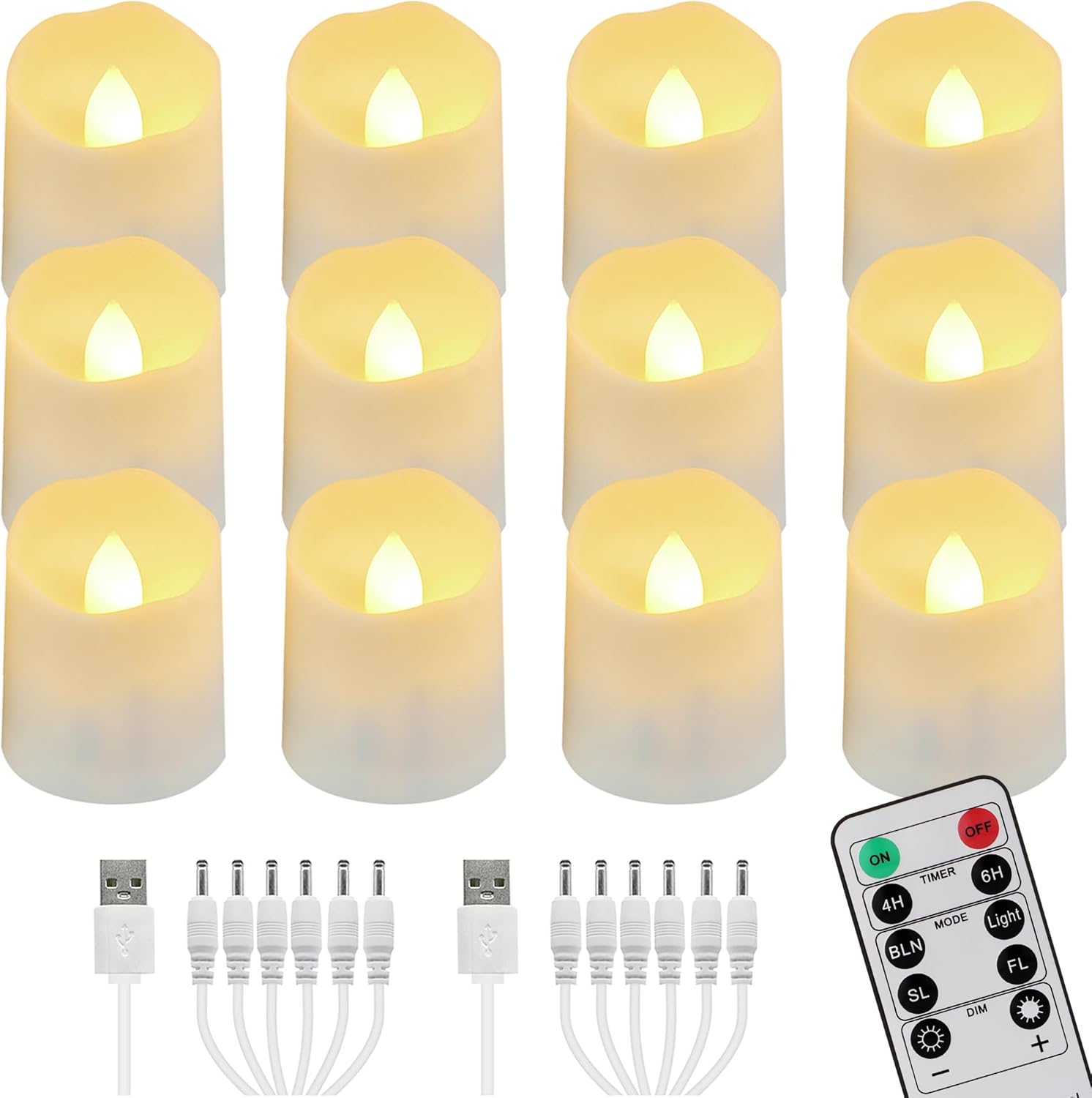 FREEPOWER 12 velas LED recargables con temporizador de control remoto, llama parpadeante, luz blanca cálida, velas LED eléctricas, regulables, con cables USB, decoración para Navidad y Halloween, 4 x 