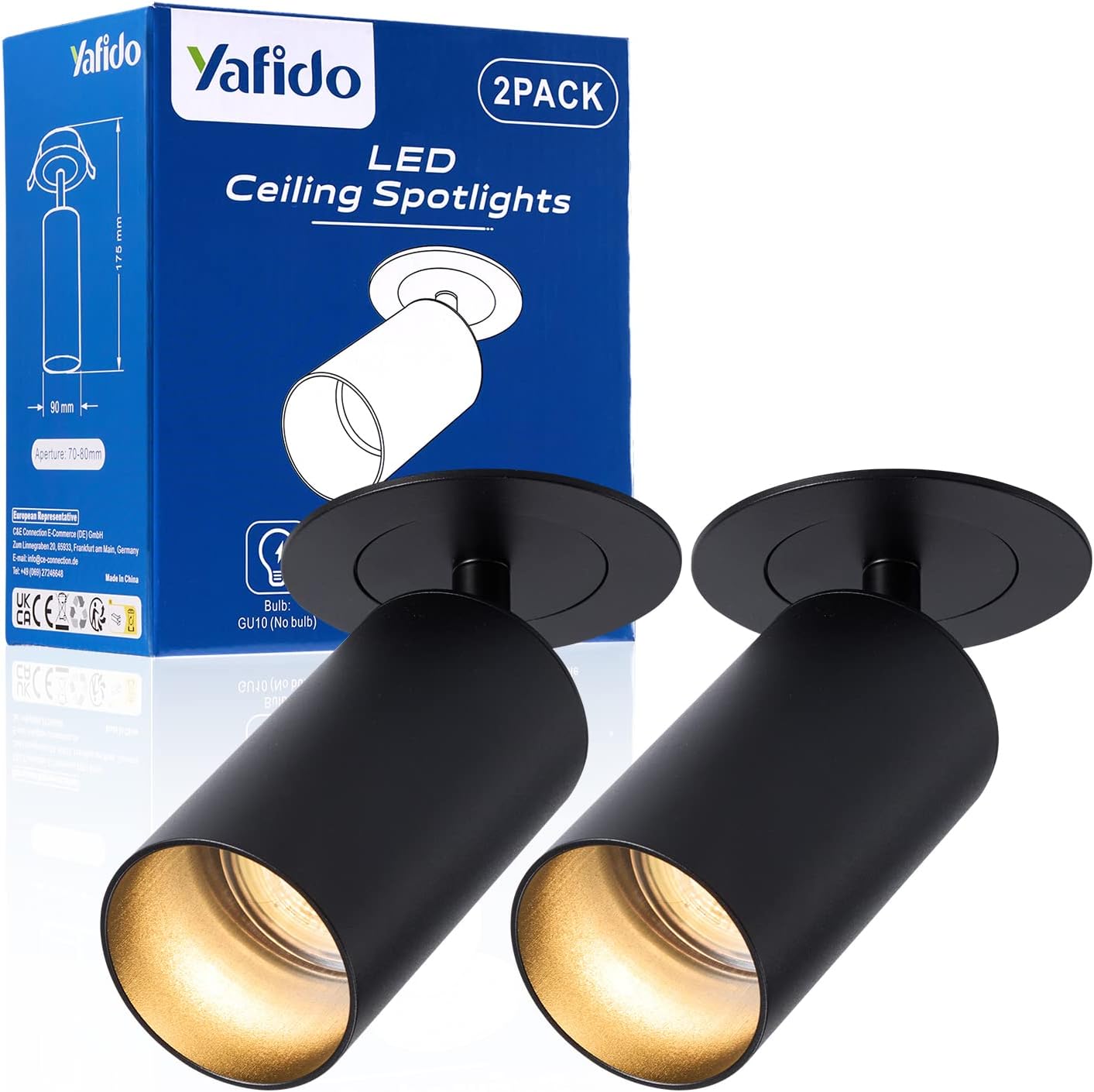 Yafido 360° foco de giratorio GU10 incorporado 90°Orientables LED Foco de techo negro Iluminación en Rieles de Techo Focos para el Techo LED,Focos ajustables y giratorios para interiores,sin bulbos