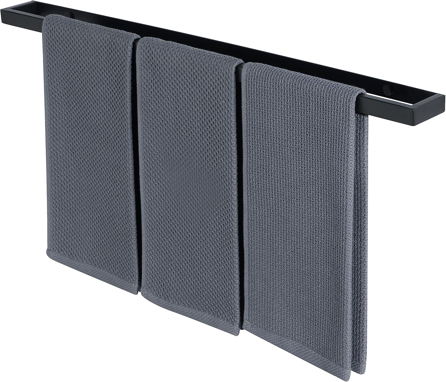 Toallero negro de 70 cm, fabricado en acero inoxidable SUS 304 para resistencia en ambientes húmedos. Superficie negra mate y diseño multiusos, permite instalación horizontal o vertical. Capacidad de 