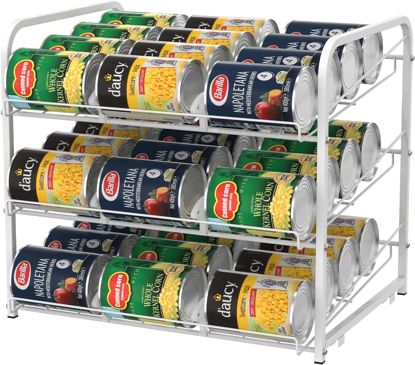 Organizador de latas para despensa, apilable, dispensador de latas, blanco, ideal para armarios de cocina y encimeras, con capacidad para 36 latas, 3 niveles