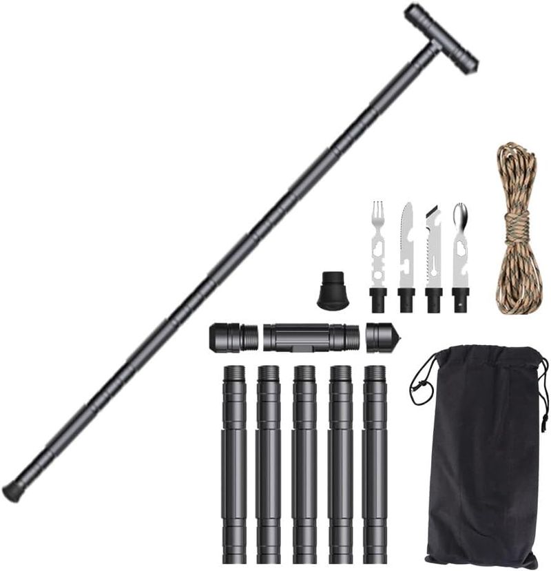 WildGamePlus 145cm/57 pulgadas de trekking ajustable multifuncional con 7 secciones y platos de aluminio de grosor, adecuado para deportes al aire libre, equipos, senderismo, senderismo, campamento WG-G05