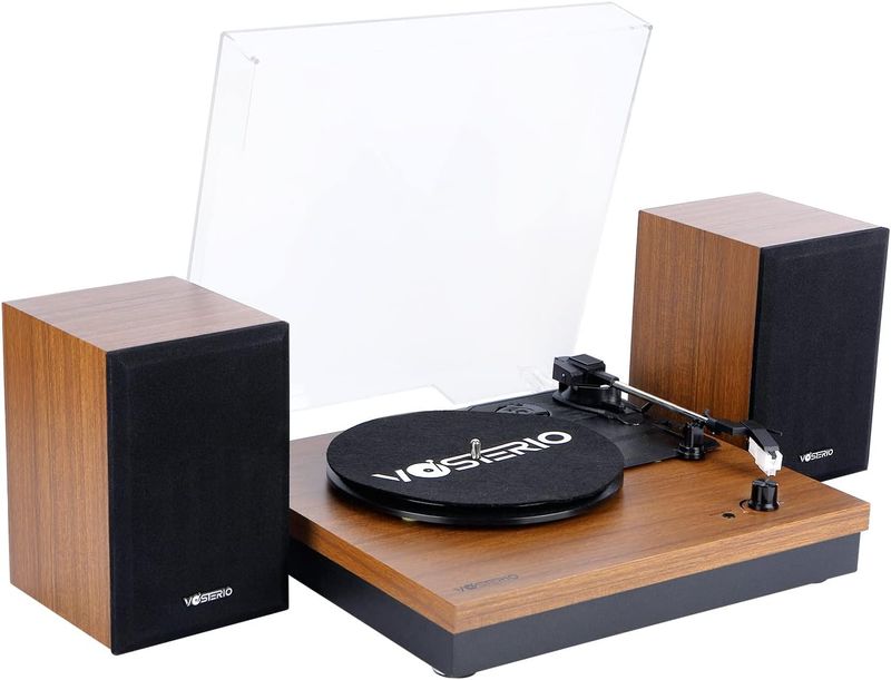 VOSTERIO Tocadiscos de Vinilo de 3 Velocidades con Altavoces estéreo, Vintage Giradiscos Bluetooth, RCA, USB y Lector de para Convertir Discos de Vinilo a Archivos Digitales, Acabado en Madera