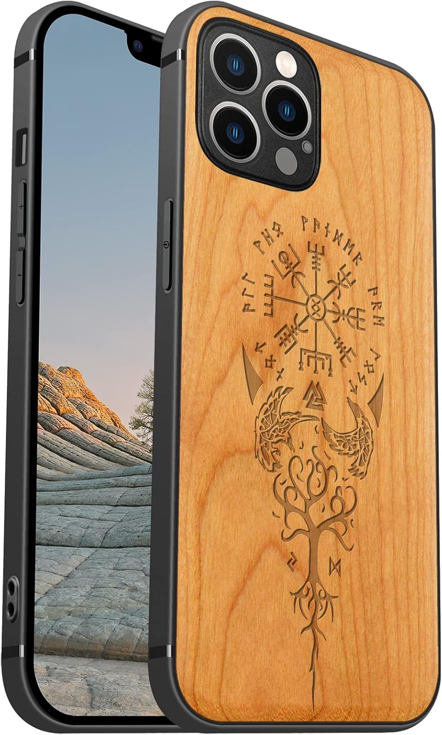 Carveit Funda Magnética para iPhone 12 Pro Max [Elegante Madera de Cerezo] [Parachoques de TPU Suave] Funda Antigolpes Compatible con 12ProMax Magsafe Case Madera (Viking Compass Vegvisir)
