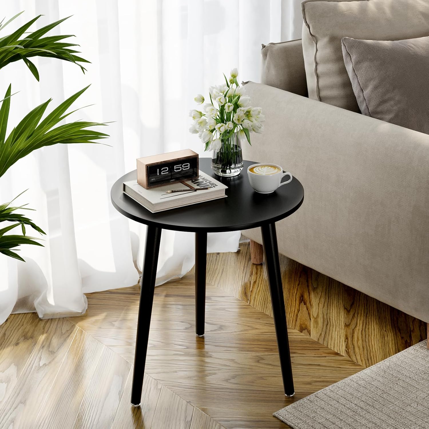 Mesa auxiliar APICIZON, mesa de centro redonda de Ø 42 cm, altura 51 cm, mesa de sofá con patas de madera maciza, estilo escandinavo, mesita de noche de madera para salón, dormitorio, color negro
