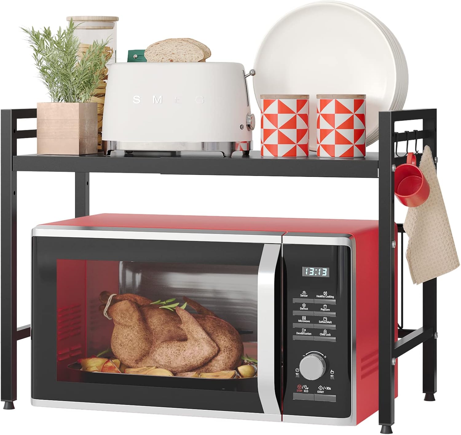 NETEL Soporte Extensible para Horno de Microondas Rejilla para encimera de Cocina Organizador estanteria Mueble microondas Rack de Almaceamiento 2 Niveles con 4 Ganchos, Negro