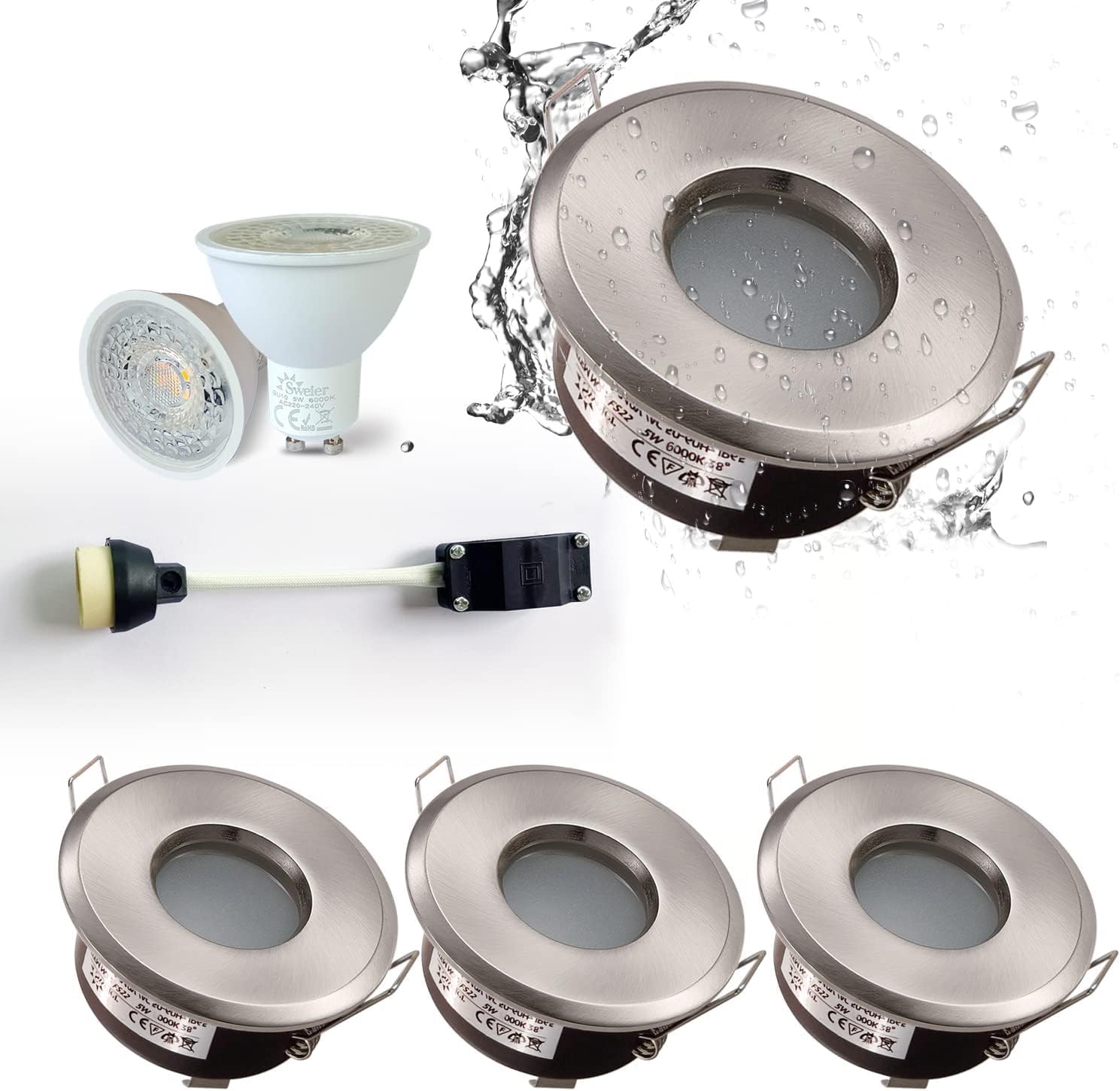 Foco empotrable para baño Sweier, níquel brillante, IP65, LED Spot de 5 W, 230 V, blanco frío 6000 K, para baños y cocinas, corte de 68 mm, juego de 4