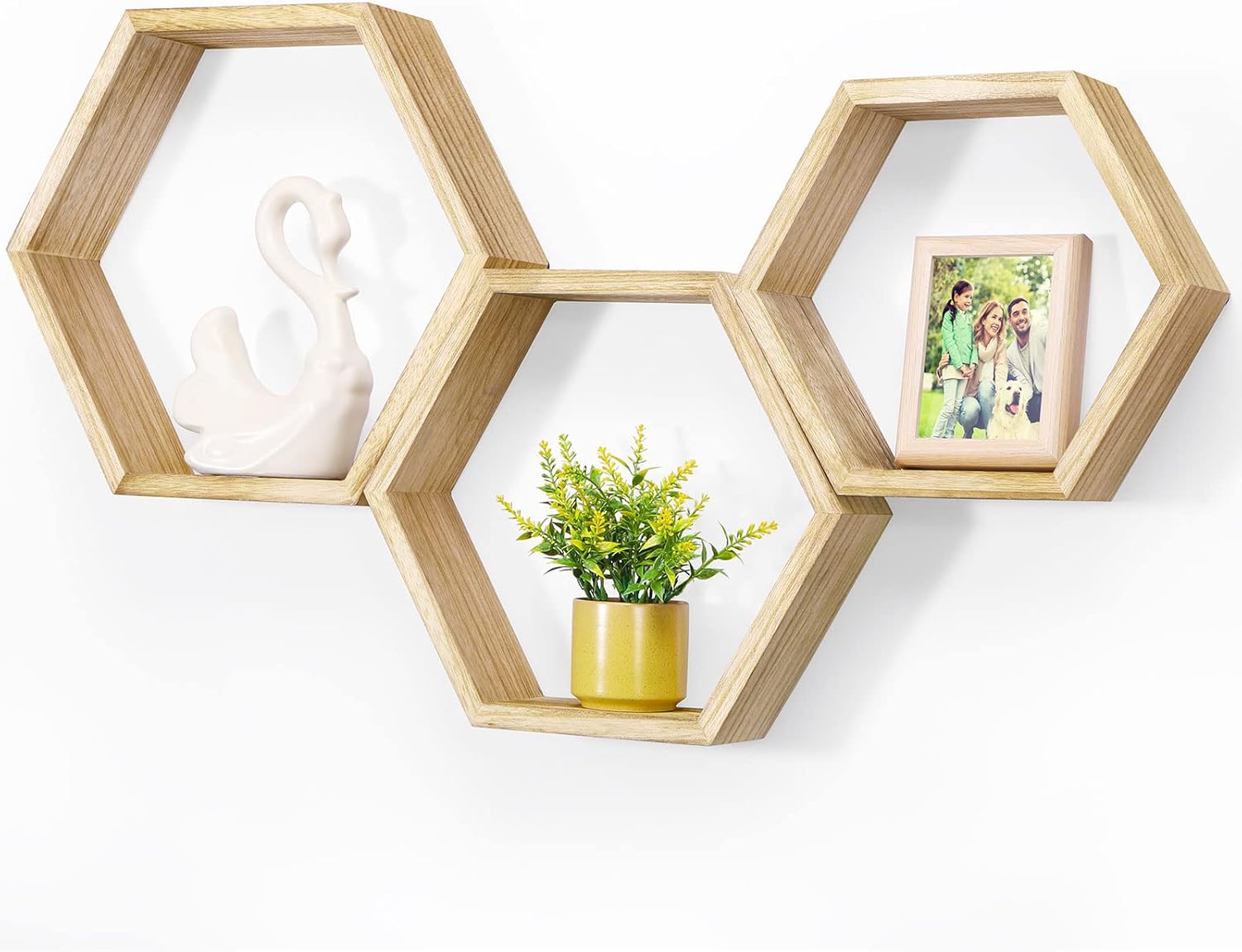 Juego de 3 estantes hexagonales flotantes de pared con diseño de panal, estilo rústico, de madera, para colgar en la pared, para decoración de sala de estar, dormitorio y cocina.