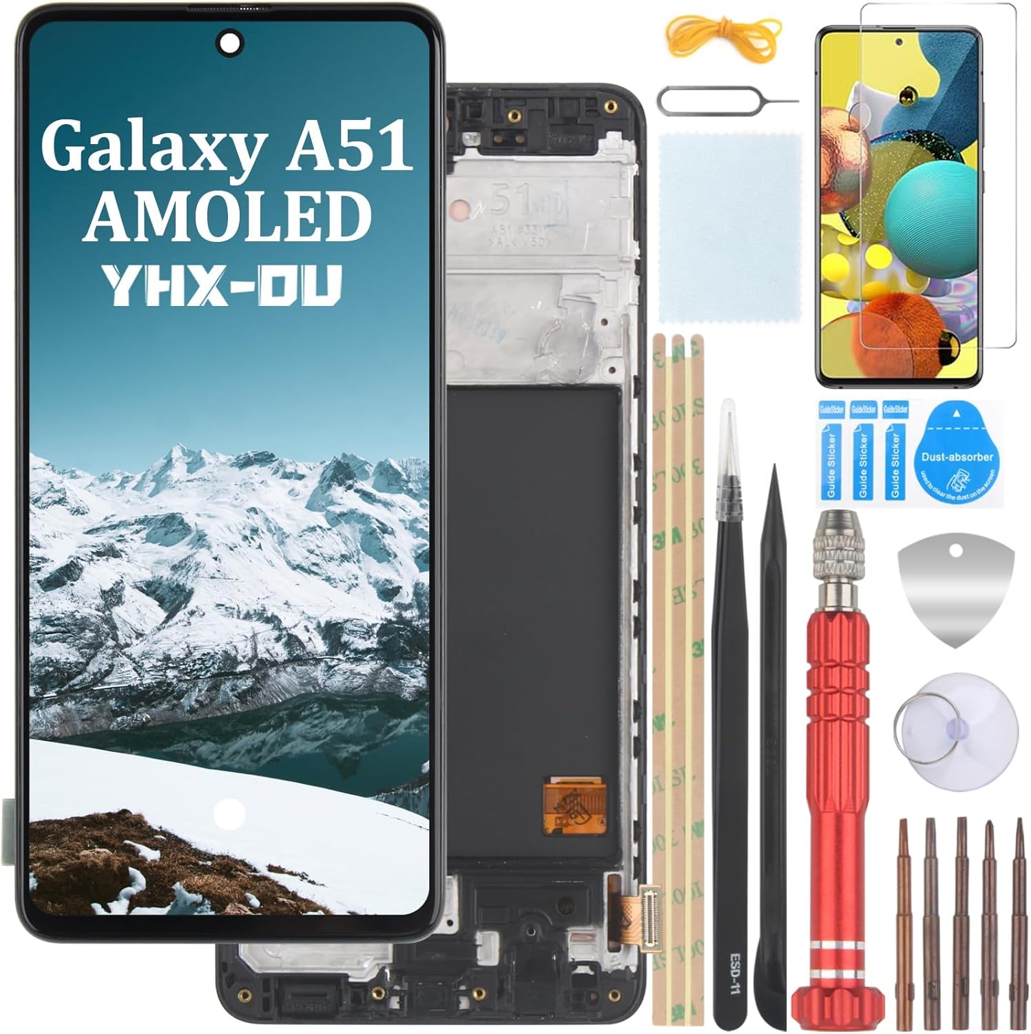 YHX-OU 6.50' Negro con Marco AMOLED Pantalla LCD para Samsung Galaxy A51 4G SM-A515F ?Kit de Reparación de Pantalla Táctil Digitalizador con Herramientas + Vidrio Templado
