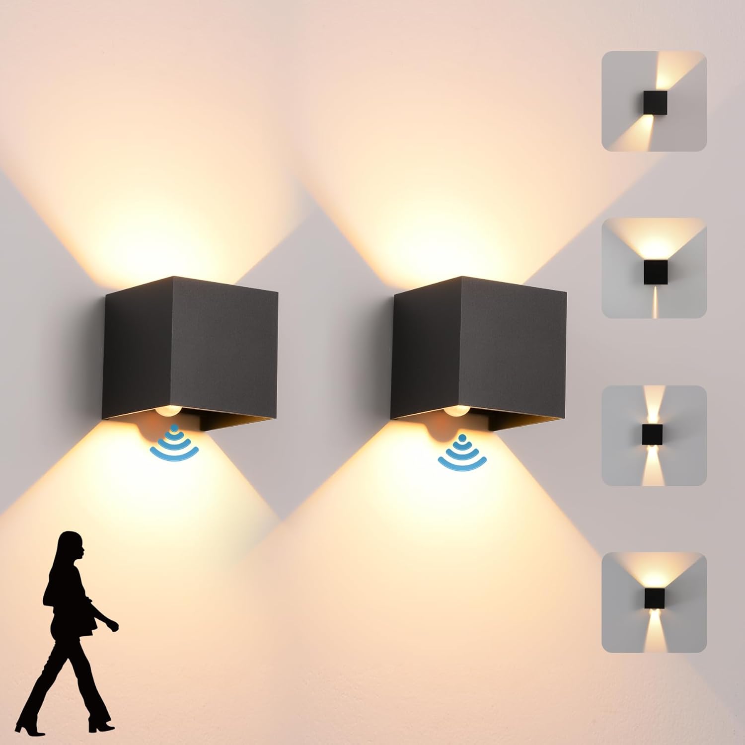 Lámpara LED de pared con sensor de movimiento. Potencia: 12W, 700 lumenes, temperatura de color: 3000K, diseño en aluminio, protección IP65. Incluye sensor de movimiento, ajustable en ángulo de haz, c