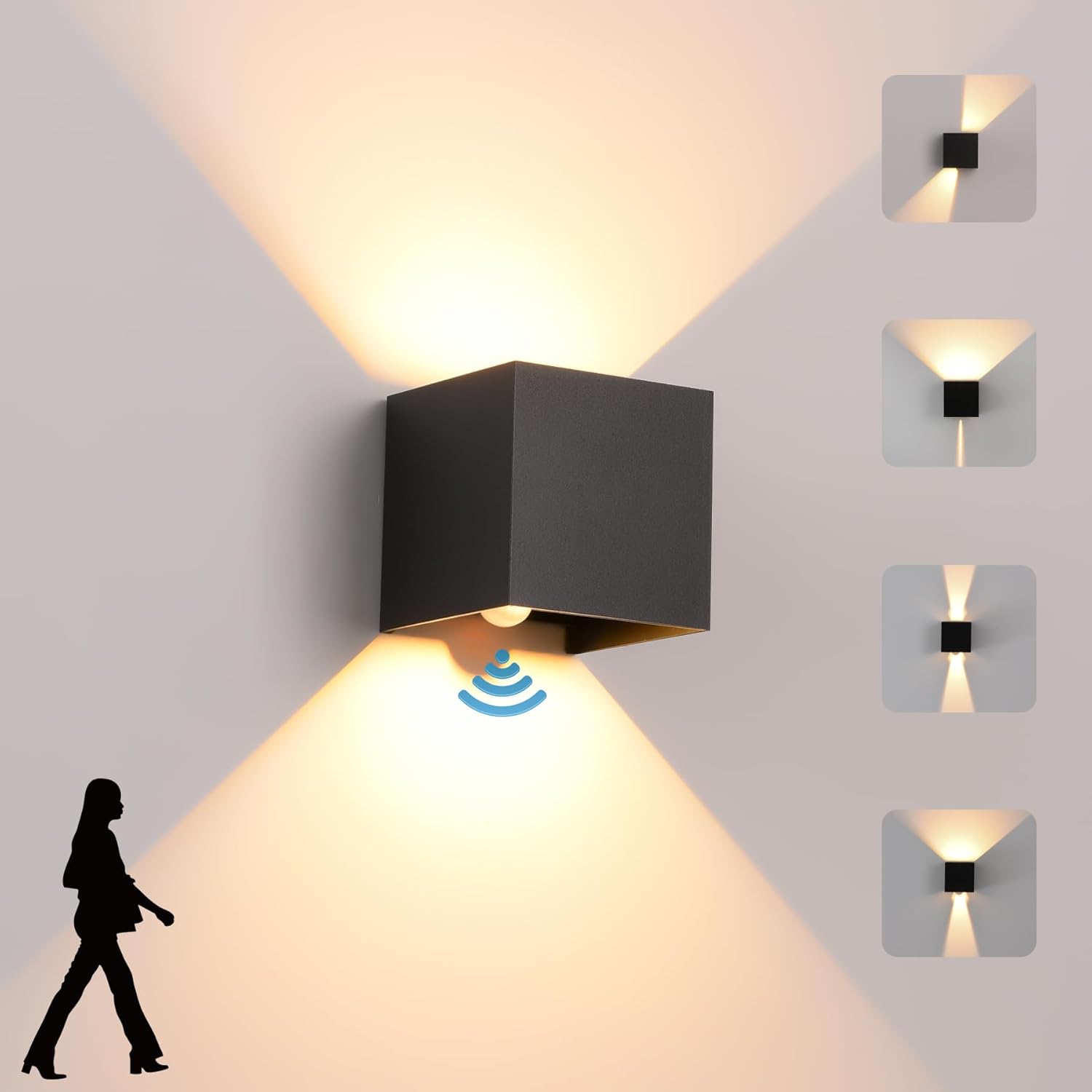 Aplique de pared moderno LED 12W. Potencia: 12W, Lúmenes: 700lm, Temperatura de color: 3000K. Material: Aluminio mate resistente a la humedad y al polvo, Grado IP65. Diseño con sensor de movimiento y 