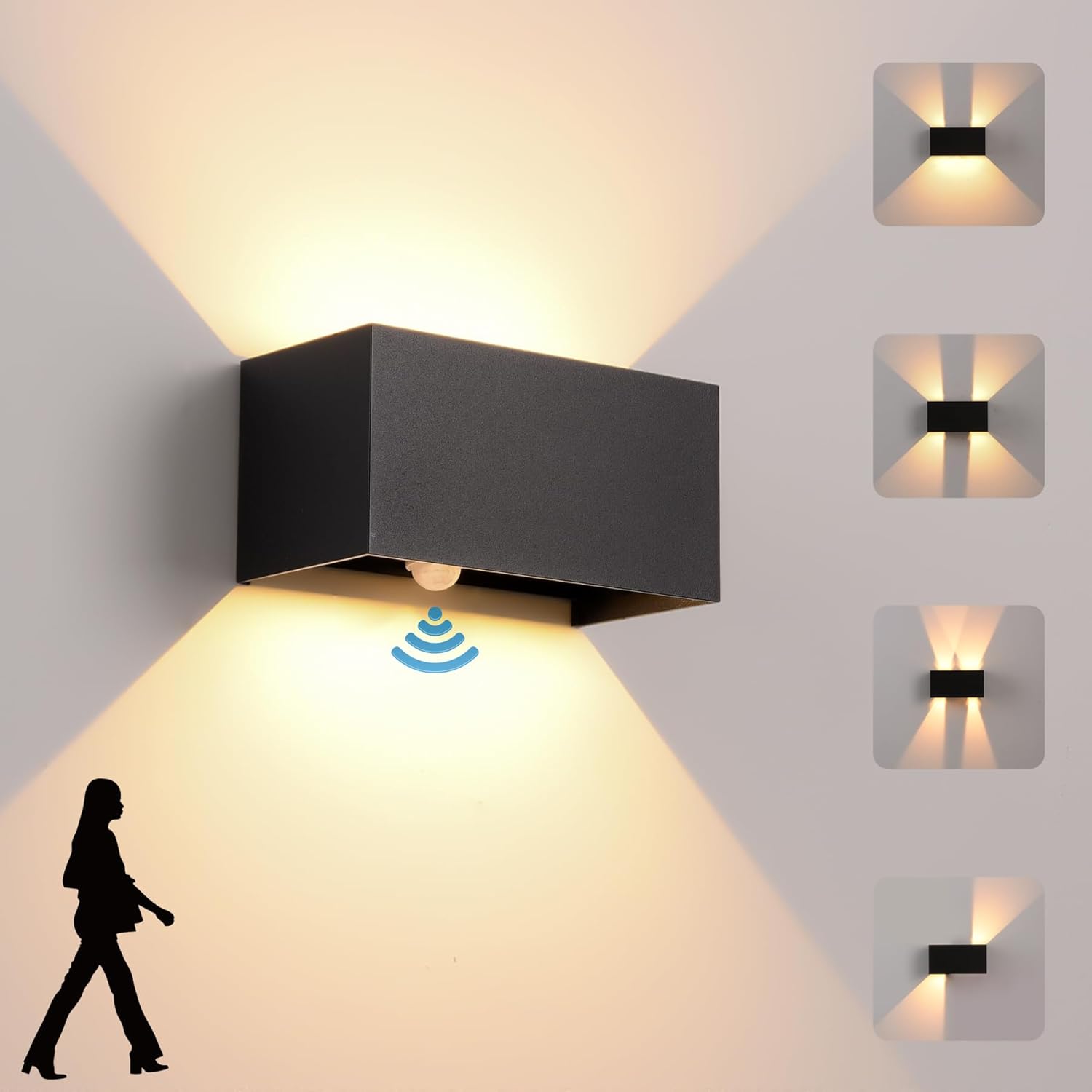 Aplique de pared LED de 24W con 1400 lúmenes y temperatura de color 3000K. Sensor de movimiento con rango de detección de 3 a 5 metros. Protección IP65, resistente al agua y polvo. Fabricado en alumin