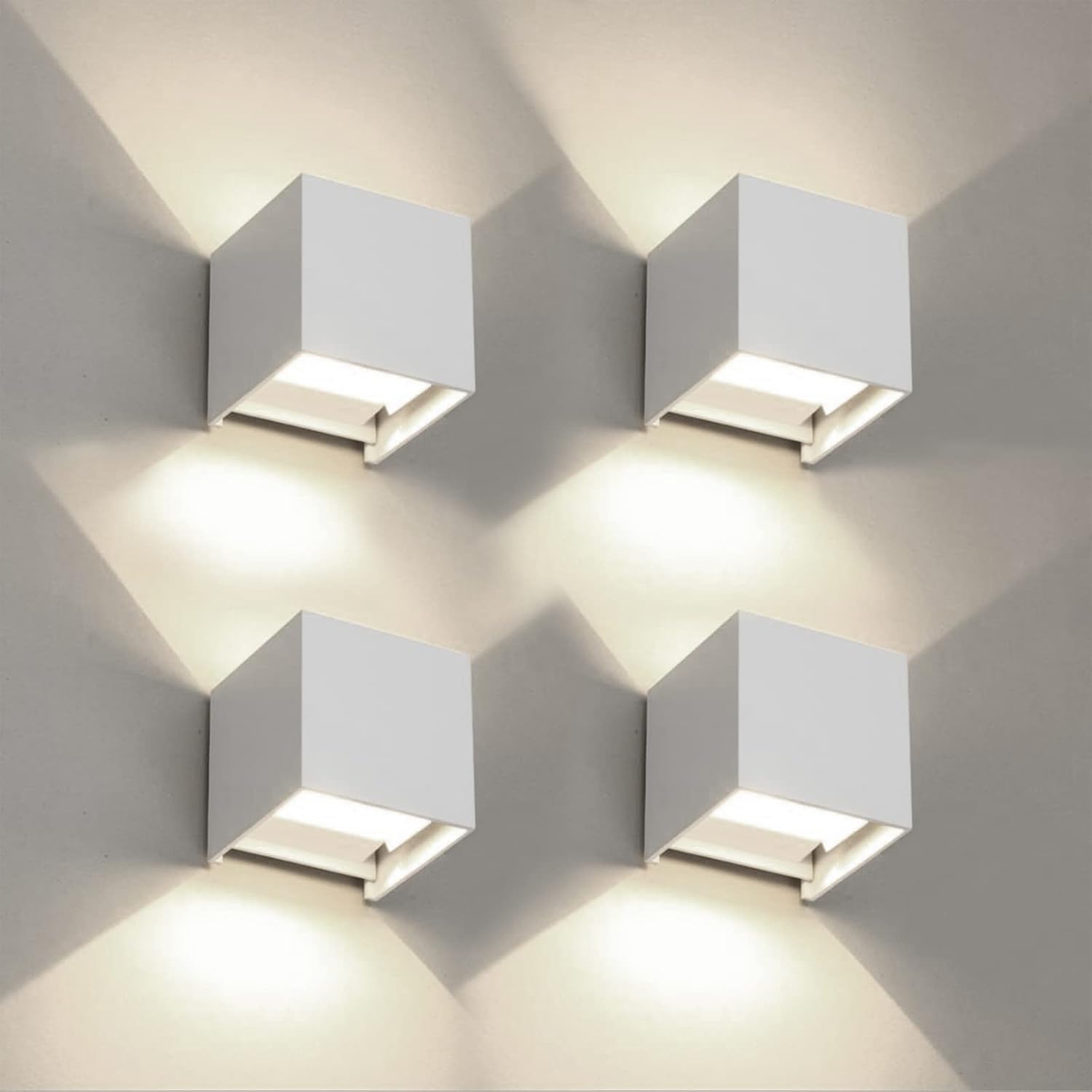 FUPE Juego de 4 apliques de pared LED para exteriores/interiores, IP65, resistentes al agua, modernos, blancos, 6W, 4000K, luz natural, lámpara de pared cuadrada de aluminio, ángulo de haz ajustable