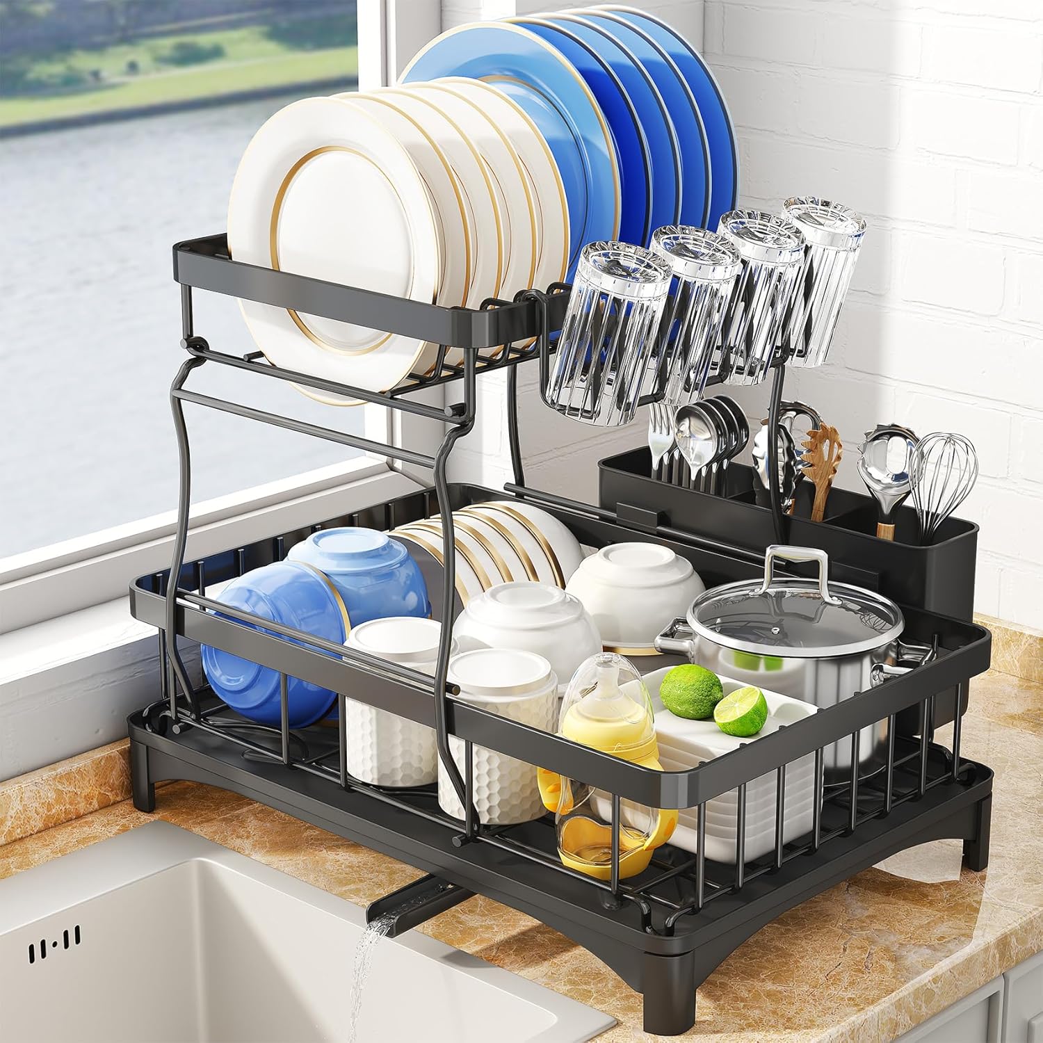 Escurreplatos, SAYZH Escurridor De Platos Desmontable De 2 Niveles, Organizador De Escurridor De platos De Gran Capacidad Con Soporte Para Utensilios, Estante Para Tazas Para Mostrador De Cocina,Negro