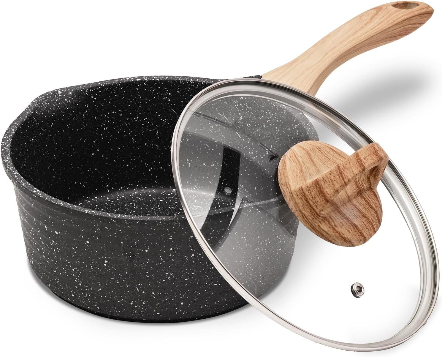 JEETEE Cacerola 18 cm 2 L Con Tapa De Vidrio?Cazuelas De Cocina Antiadherente Multicapa Efecto Piedra, Cazo Induccion Libre De Pfoa Apto Para Todo Tipo De Cocinas