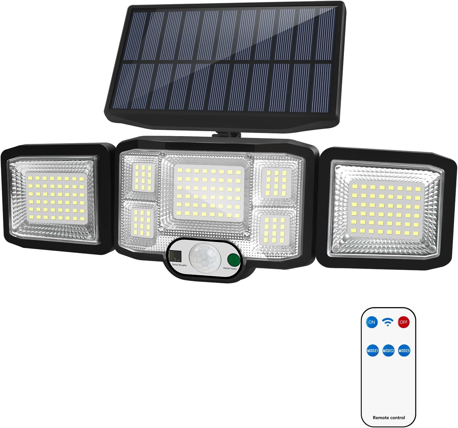 Foco Solar LED para Exterior con Detector de Movimiento, Foco LED Solar Impermeable VICOLO ip65 con 3 Modos 2400 mAh 192, Foco Solar con Control Remoto para jardín, Gran Angular de 270° con 3 Cabezale