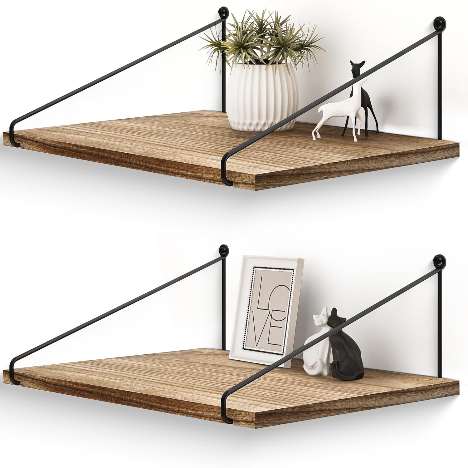 Afuly Estante de pared de madera, estante de metal negro, 42 x 30 cm de ancho, estantes rústicos para paredes, baño, cocina, dormitorio, salón, juego de 2