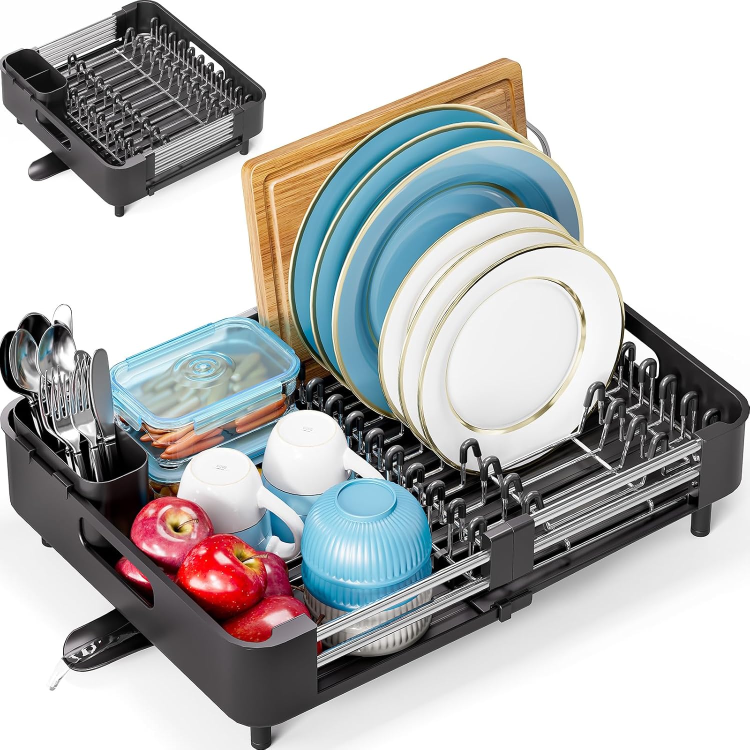 KINGRACK Escurridor de Platos Extensible de Acero Inoxidable Plegable con Soporte para Cubiertos extraíble y Estante para Platos antiarañazos, Rejilla Ajustable para secar Platos con Boquilla, Negro