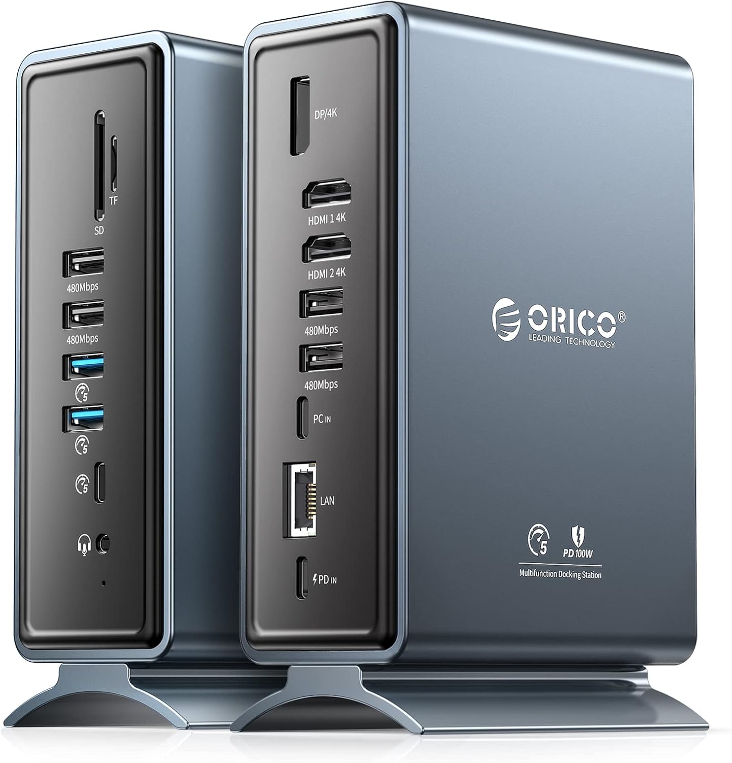 ORICO Estación de Acoplamiento, 15 en 1 Base de conexión Dual 4K, Docking Station con 2 HDMI, 4K DP, 6 USB-A, 100 W PD, RJ45, Audio de 3,5 mm, Lector de Tarjetas SD/TF, para MacBook Pro/Air Gris