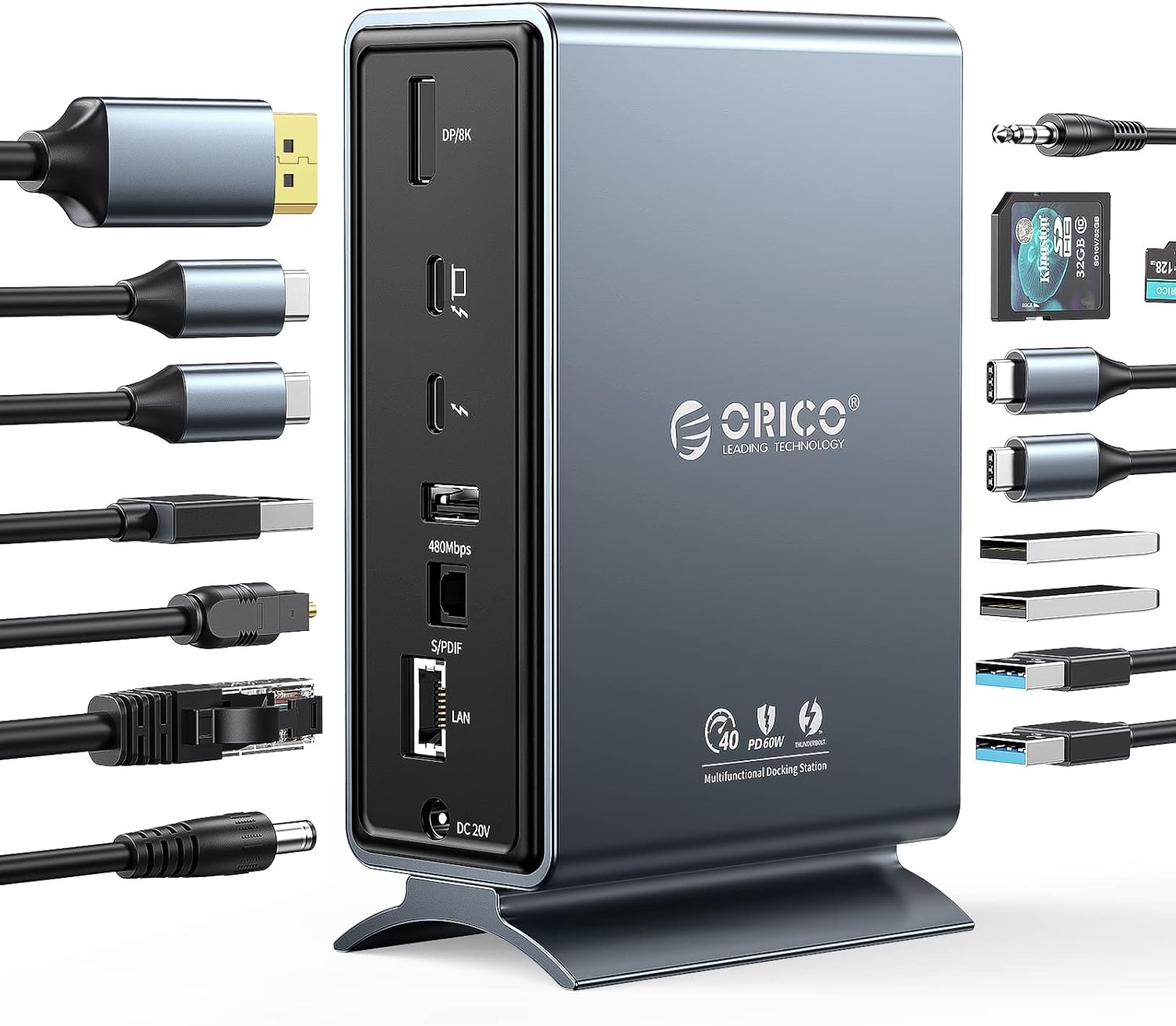 ORICO Thunderbolt 3 Dock, 15 en 1 Thunderbolt Docking Station 40 Gbit/s con 8K@30Hz, PD60W, 2X USB-C 3.1 Gen 2, USB-A 3.1 Gen 2, 2X USB-A 3.1 Gen 1, Gigabit Ethernet para MacBook Mac y Ventanas (Gris)
