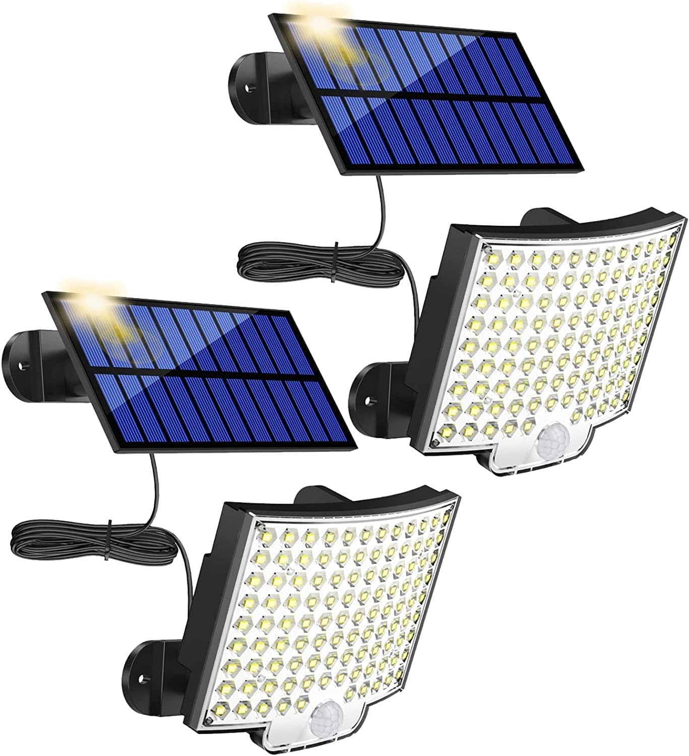 Luces solares MPJ para exteriores, 106 LED con sensor de movimiento, resistentes al agua IP65, ángulo de iluminación de 120°, apliques solares para jardín con cable de 5 m - 2 unidades