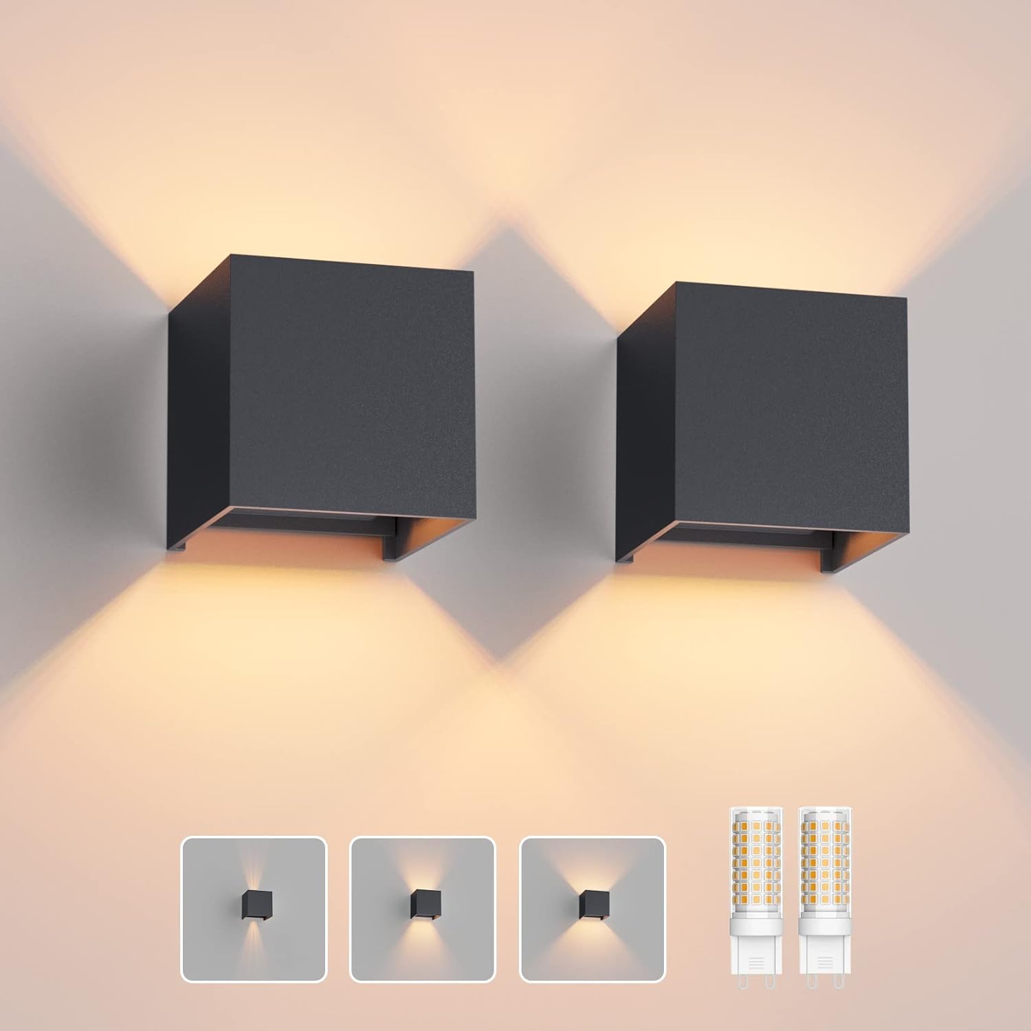 Klighten 2 Piezas Aplique LED con lámpara LED G9 reemplazable Blanco cálido 3000K, Aplique LED de Aluminio Interior/Exterior Ángulo de Haz Ajustable iluminación Exterior para salón jardín, Antracita