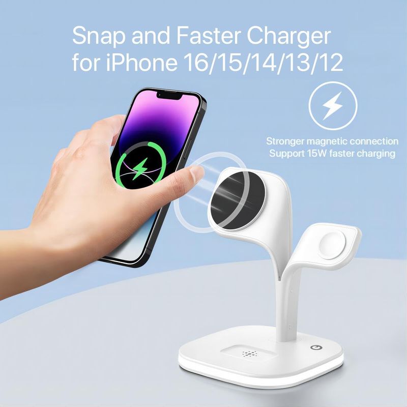 5 en 1 Mag-Safe Cargador inalámbrico de inducción magnética, soporte de estación de carga rápida certificado Qi, compatible con iPhone 13/12/Pro Max Mini, iWatch, AirPods 2/3/Pro, adaptador de 18 W incluido (blanco)