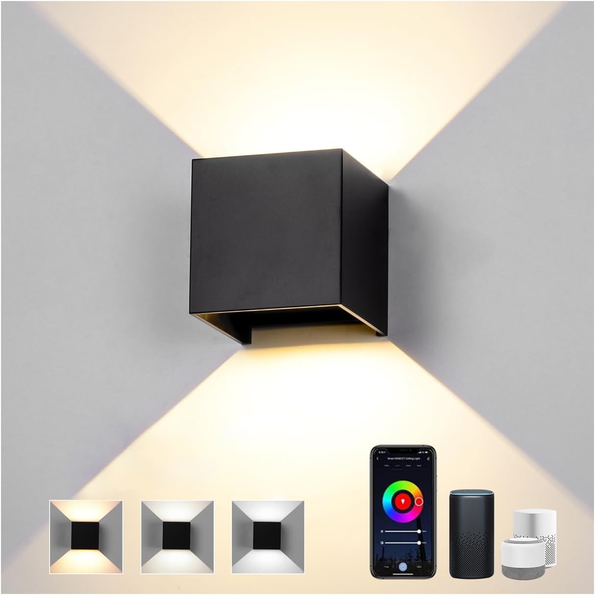 Aplique LED de pared para interior de 6 W, lámpara de pared inteligente para el hogar, regulable, controlable por app, lámpara de exterior impermeable con ángulo de haz ajustable, iluminación LED de pared para uso en interiores y exteriores - Negro