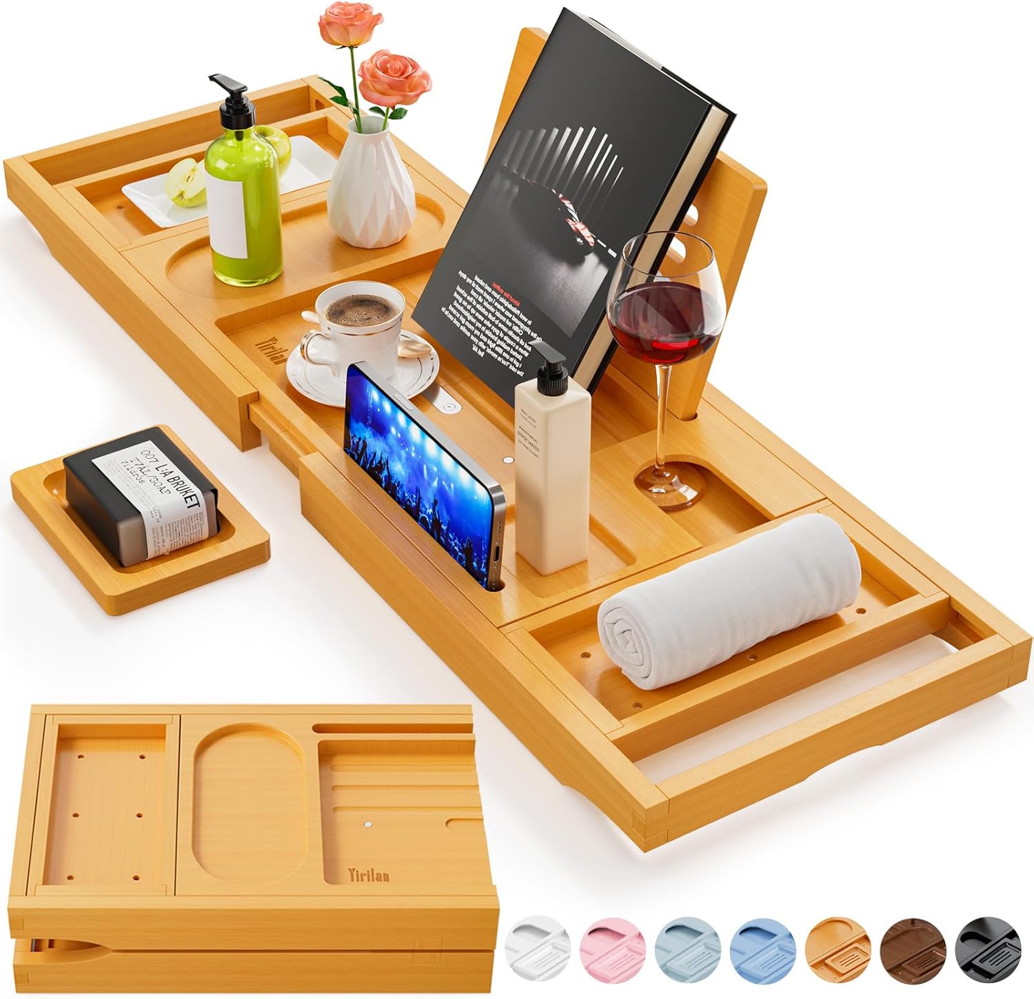 Yirilan Bandeja de Bambú para Bañera, Estante Plegable para Bañera de Primera Calidad, Tabla de Bañera Ajustable con Estante para Libros, Estante para Bañera con Bandeja de Madera Extensible - Se Adap