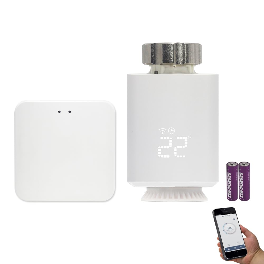 Termostato inteligente para radiador KETOTEK con WiFi y Zigbee (kit de inicio con concentrador), termostato de calefacción WiFi, termostato de calefacción programable compatible con Alexa, control med