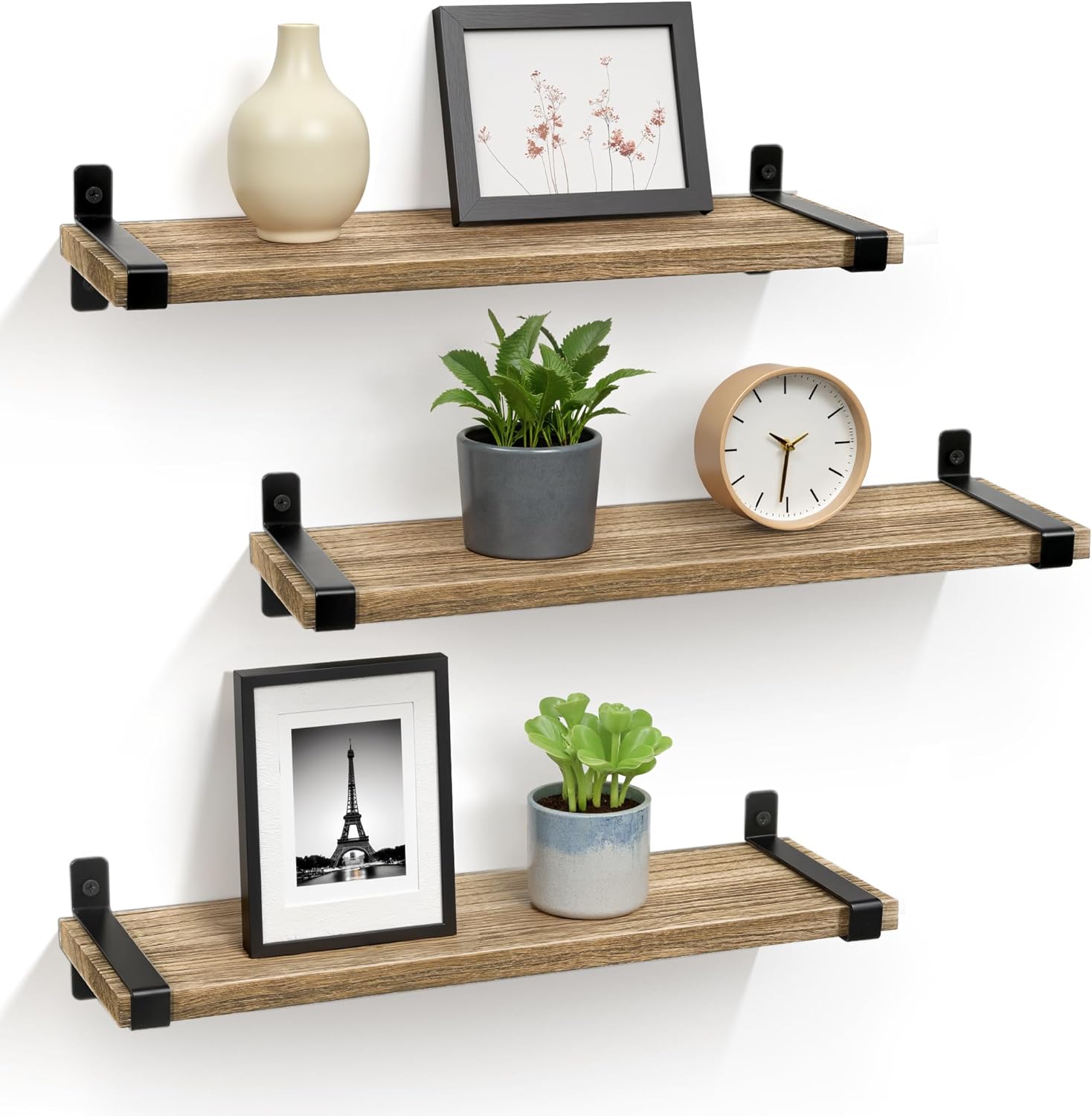 Gronda Juego de 3 estantes flotantes de madera con metal negro, estantería colgante de cocina, estantes flotantes rústicos, estilo industrial, decoración de pared para salón, dormitorio, baño
