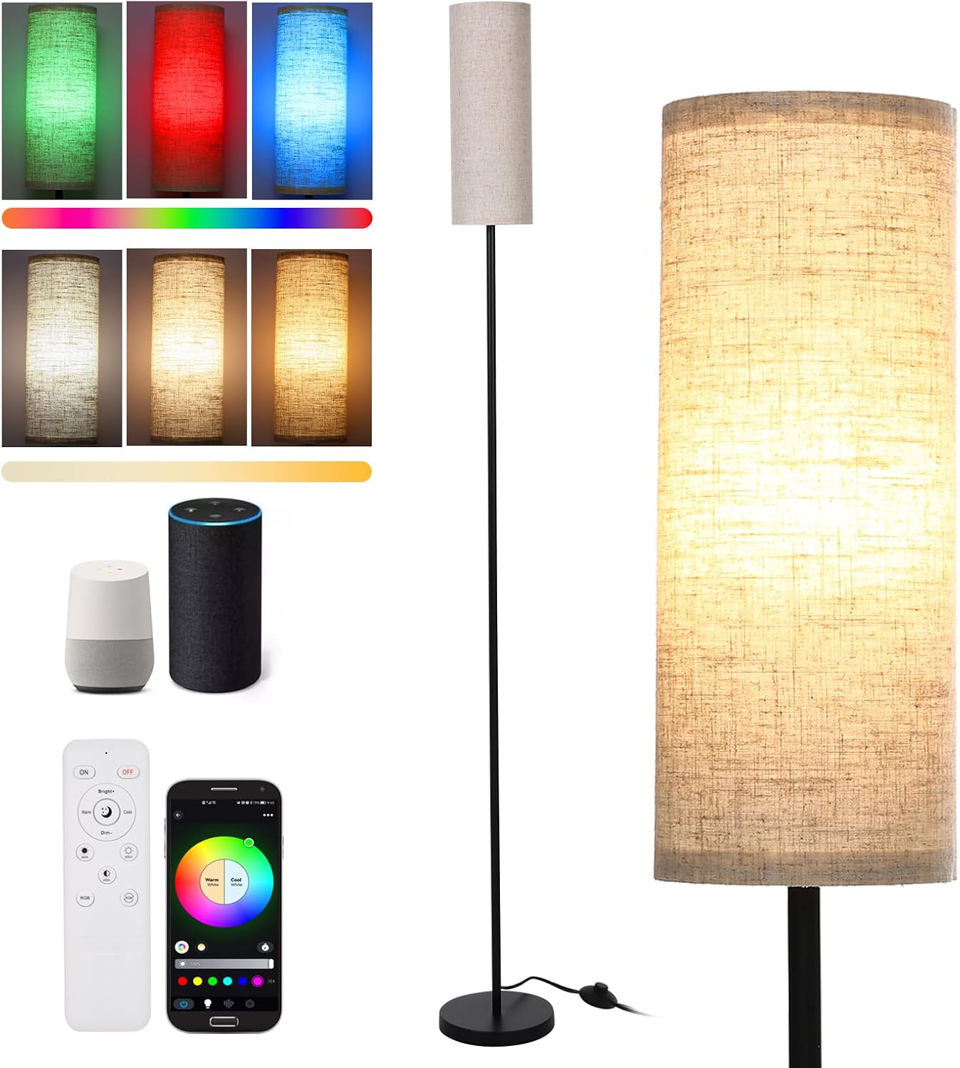 Lámpara de pie LED Neoglint, regulable, RGB, control remoto y temporizador de aplicación, pantalla moderna, modos de escena, sincronización de música para sala de estar, lámpara de lectura, dormitorio