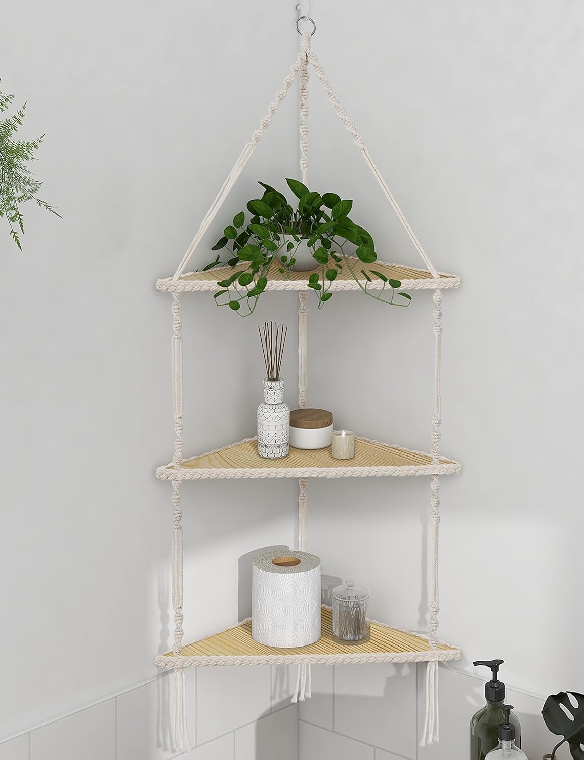 Mazjoaru Estante Colgante Estante de Esquina de Madera Estante de Pared Blanco Estante Colgante de Pared de macramé Boho Decoración de Pared Estante Flotante Soporte para Plantas para Cocina Dormitori