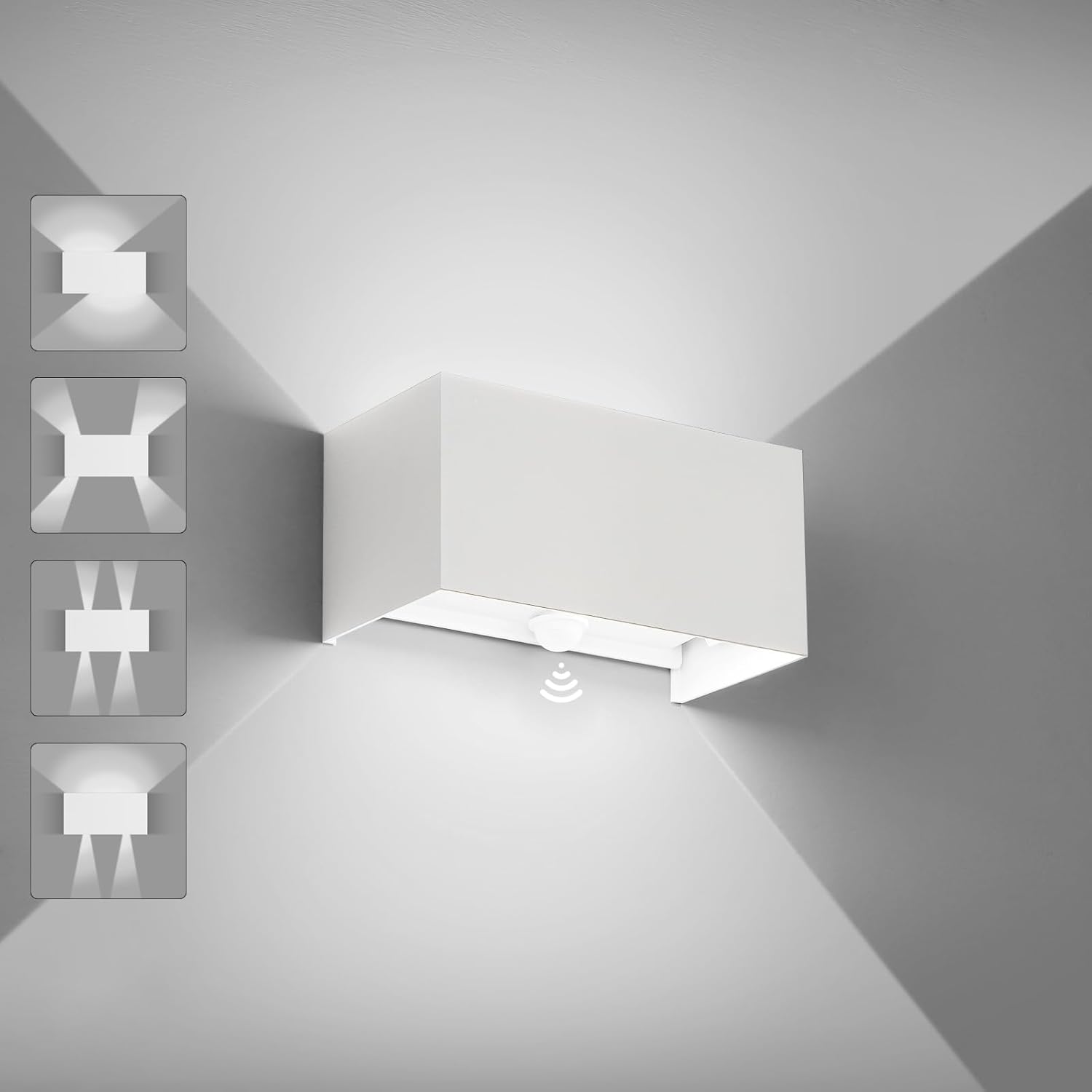 Luz LED de pared exterior ENCOFT 24W, construida en aluminio de alta calidad. Cuenta con un sensor de movimiento que detecta hasta 5 metros, con un ángulo de detección de 120°. Duración mínima de 8000