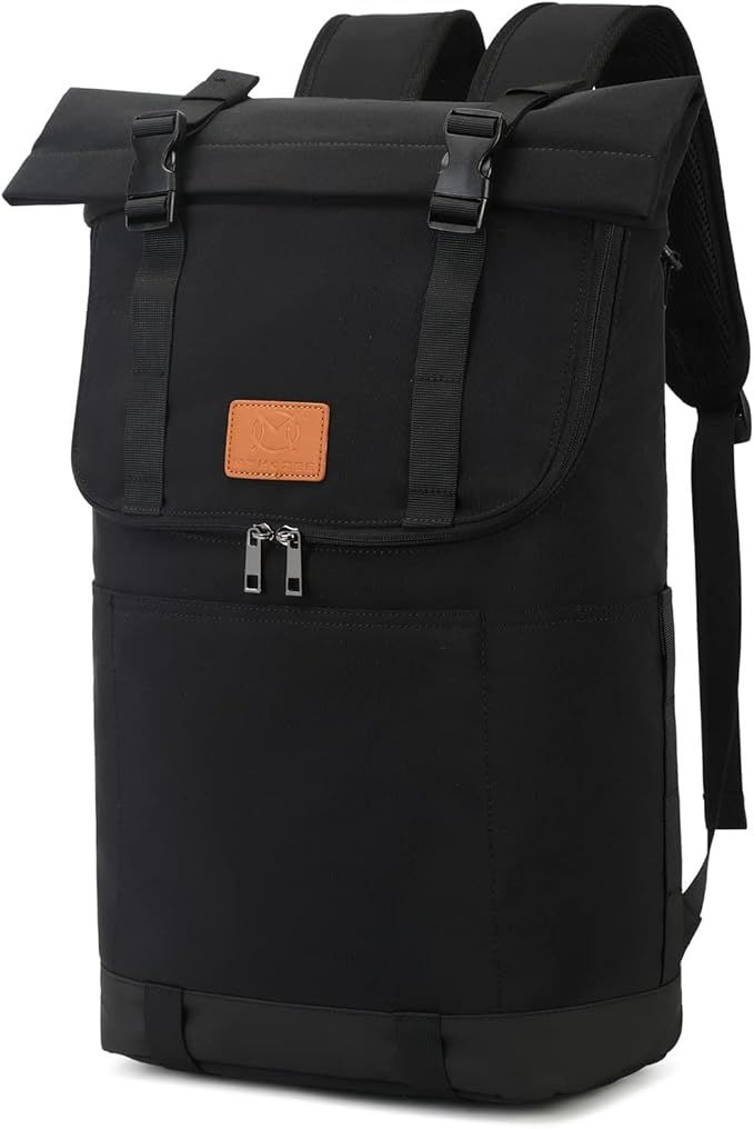 Myhozee Rolltop - Mochila para hombre, grande, impermeable, mochila de viaje para mujer, equipaje de mano, avión, 19-26 pulgadas, mochila para portátil, Negro-Nuevo,