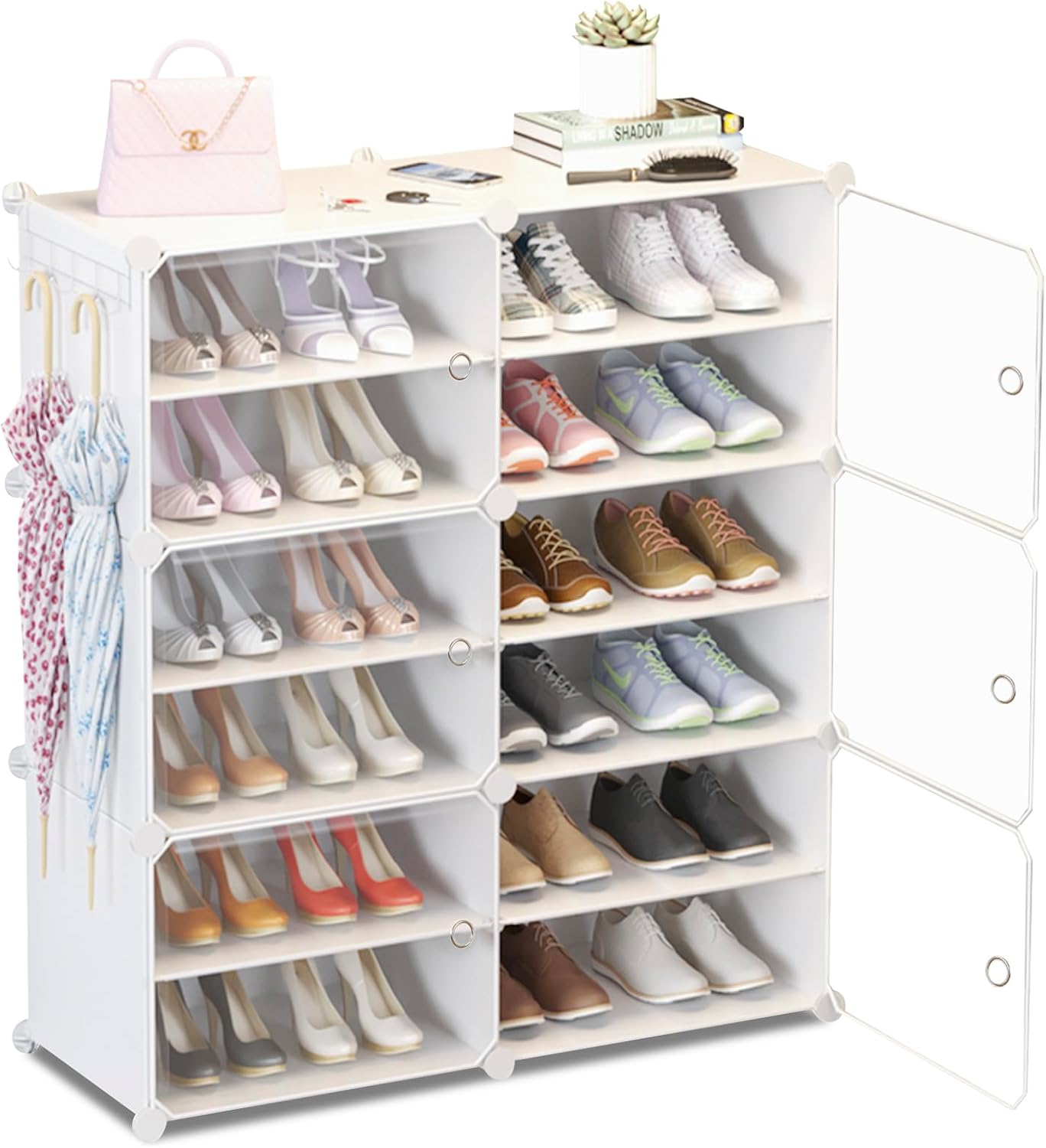 HOMCENT Zapatero con Puerta, Mueble Zapatos Vertical portátil expandibles para Dormitorio Sala de Estar, estantería Modular de plástico(2 x 6 Capas) (Blanco)