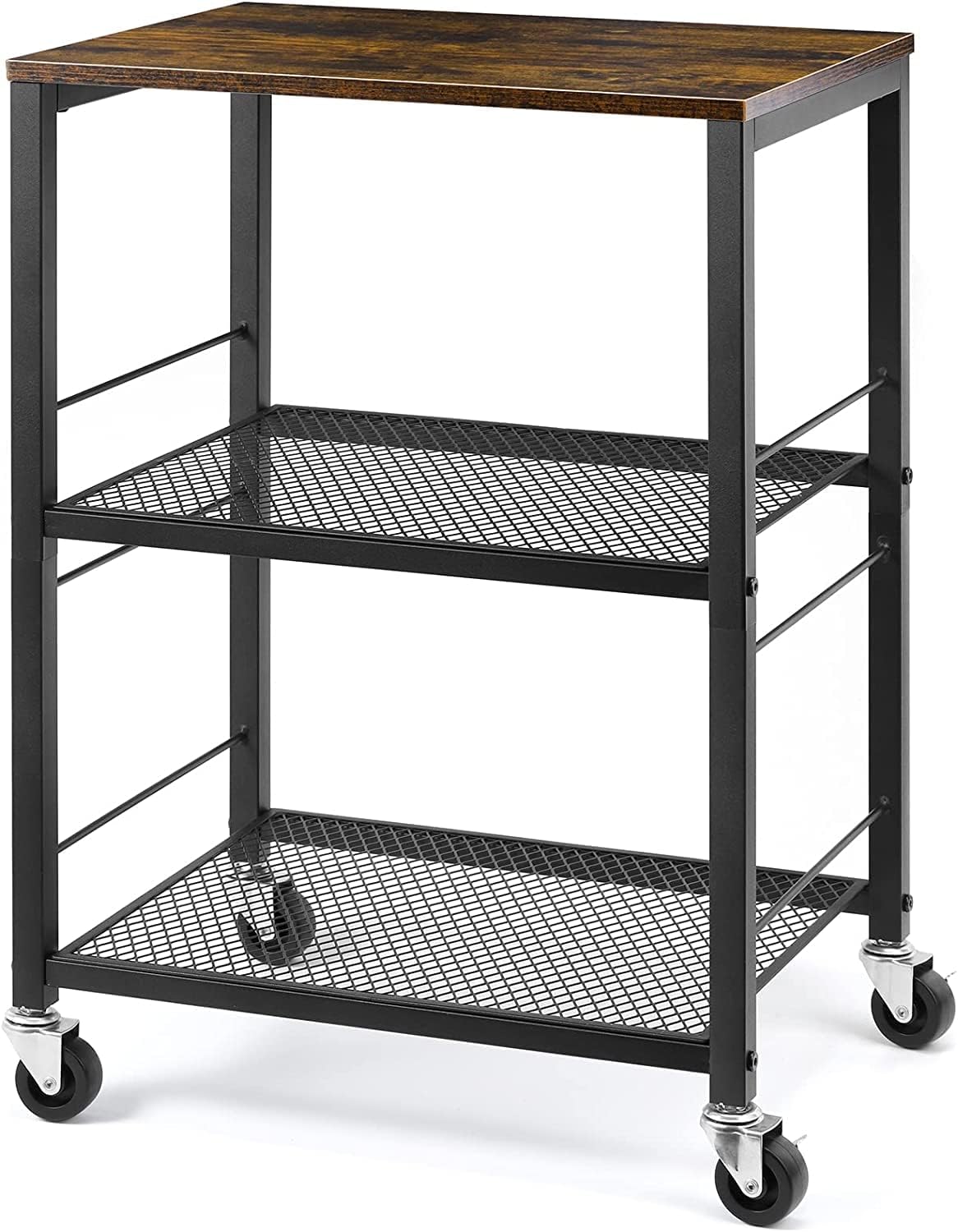 LIANTRAL Carrito rodante de 3 niveles, carrito de cocina marrón sobre ruedas con almacenamiento, carrito multifuncional para cocina, baño, sala de estar, bar, oficina