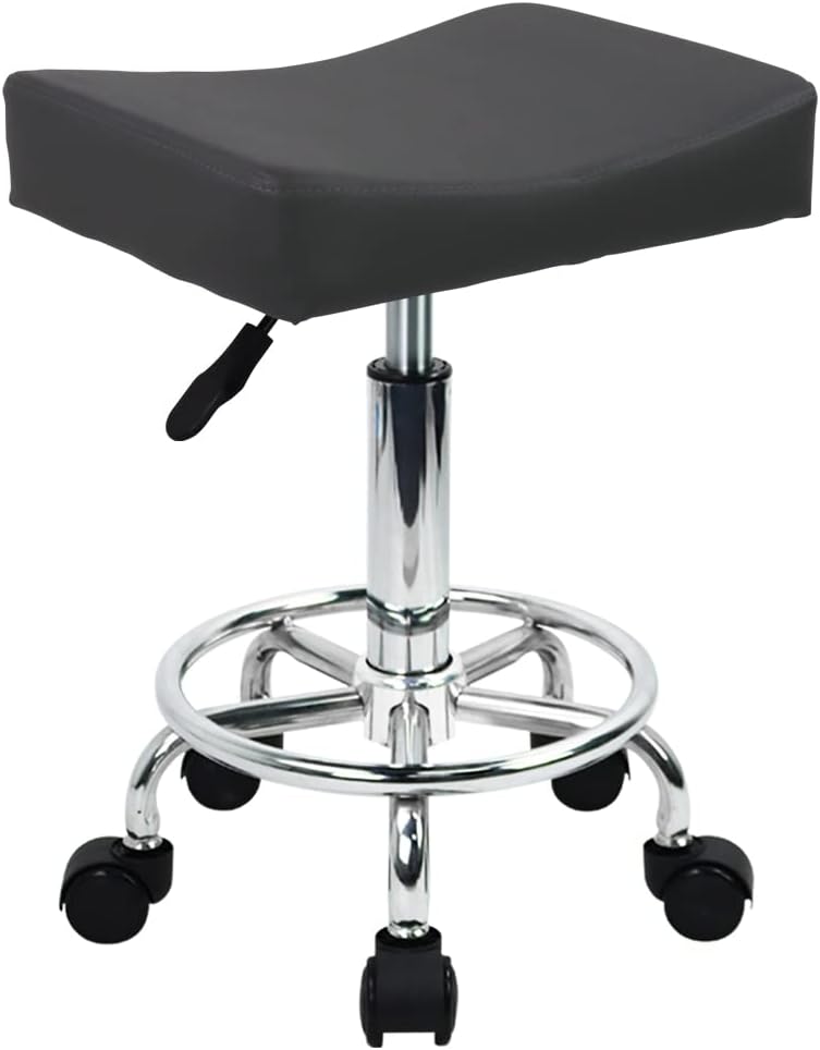 Taburete de oficina cuadrado WKWKER de piel sintética con reposapiés y altura ajustable, ideal para spa, salón de dibujo, estudio de tatuajes, oficina o cocina (gris)