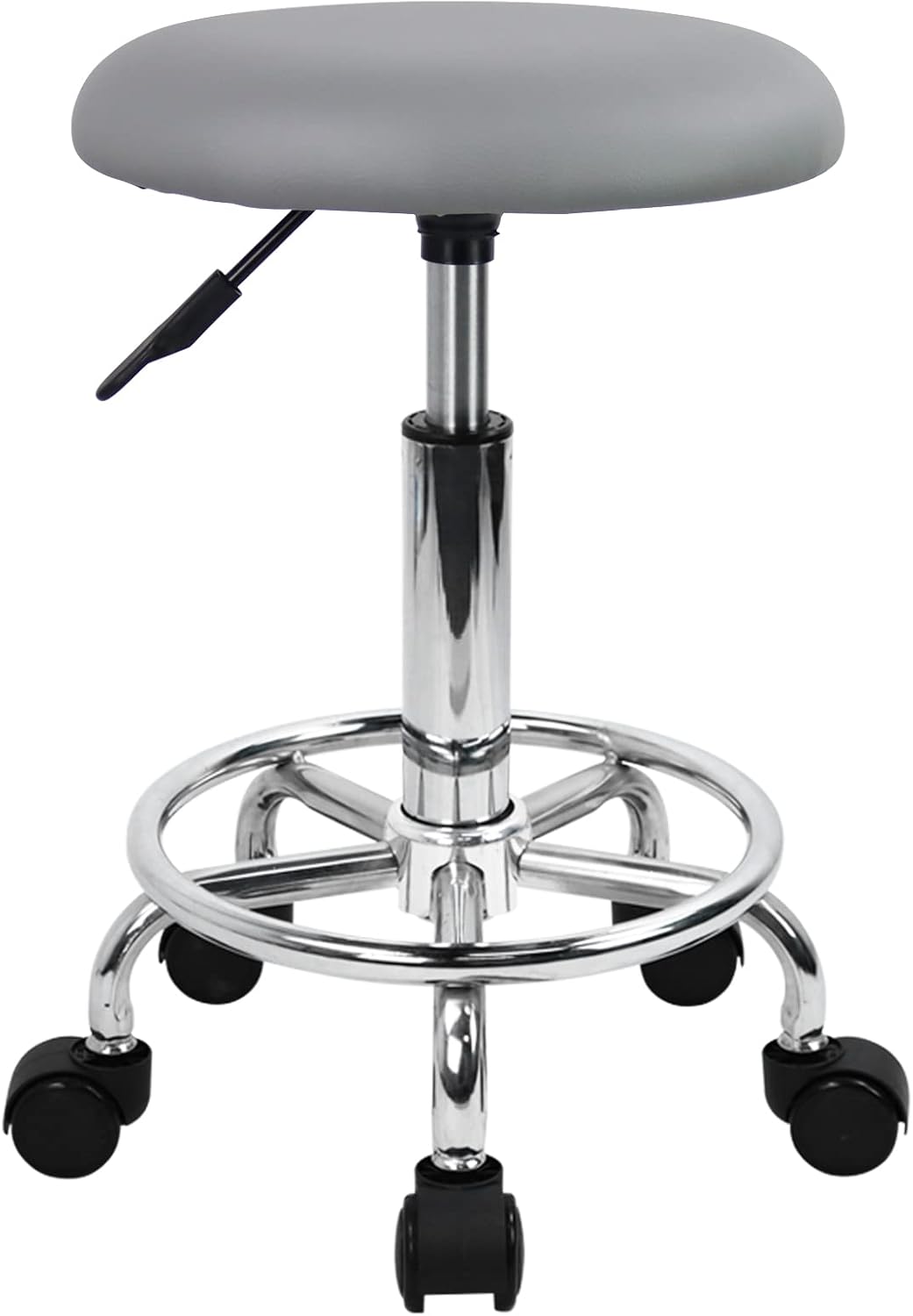 KKTONER Taburete con Ruedas y reposapiés de Piel sintética Taburete de Trabajo Redondo Giratorio 360° Taburete de Oficina con Altura Ajustable 49-64cm Gris